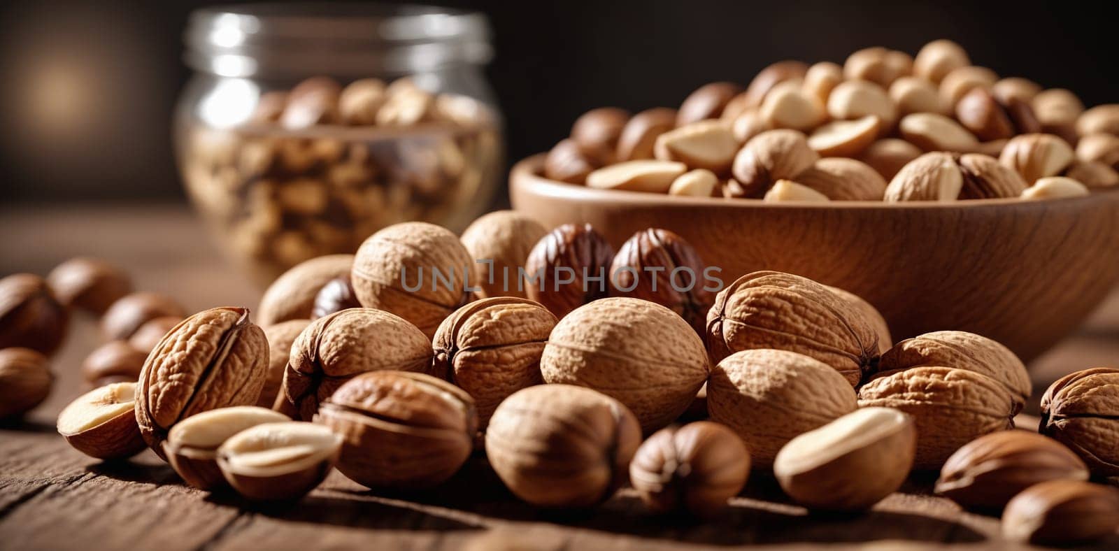 Walnuts and hazelnuts in a bowl on a wooden table.