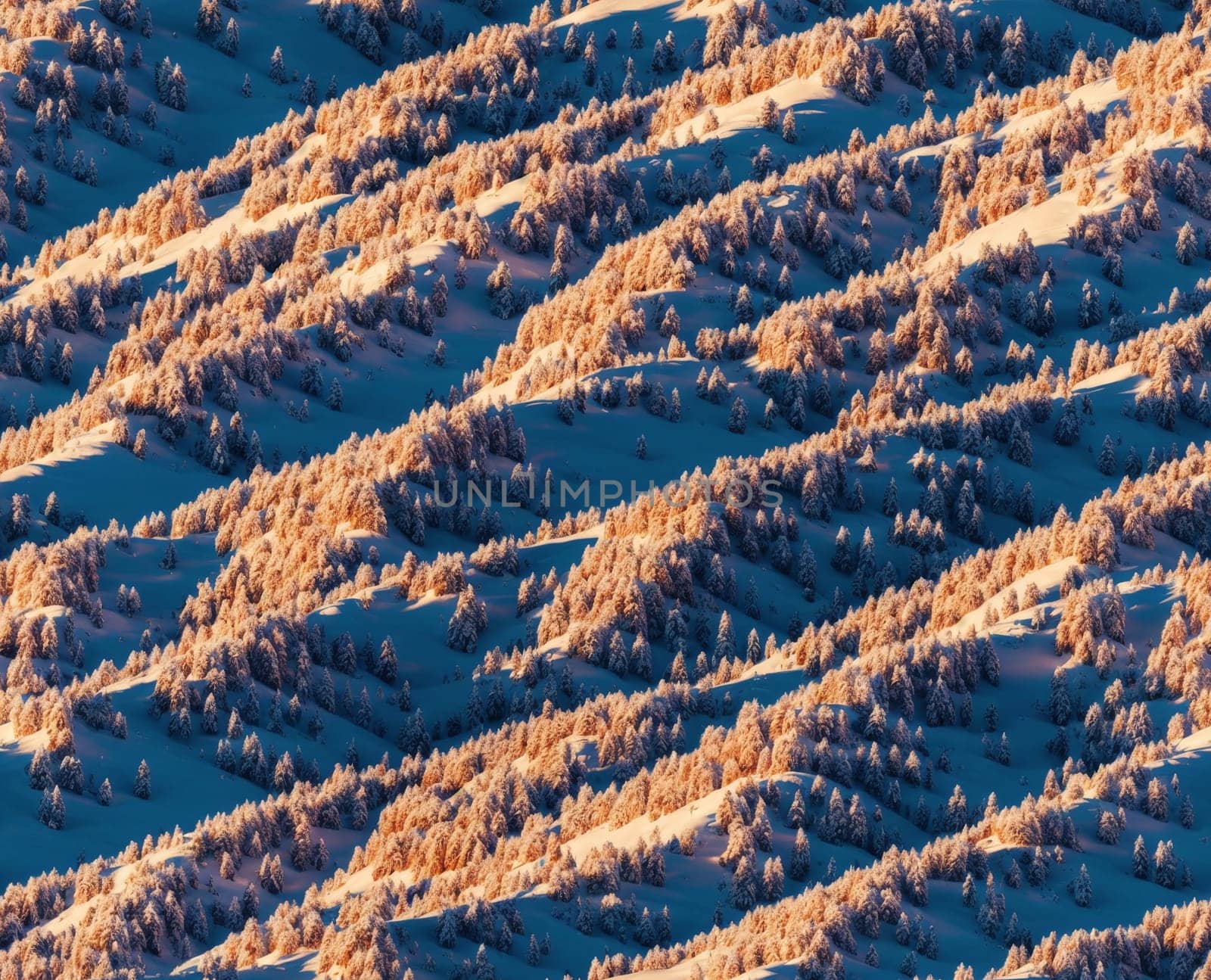 The image is a 3D rendering of a snowy landscape with trees and mountains in the background. - seamless and tileable