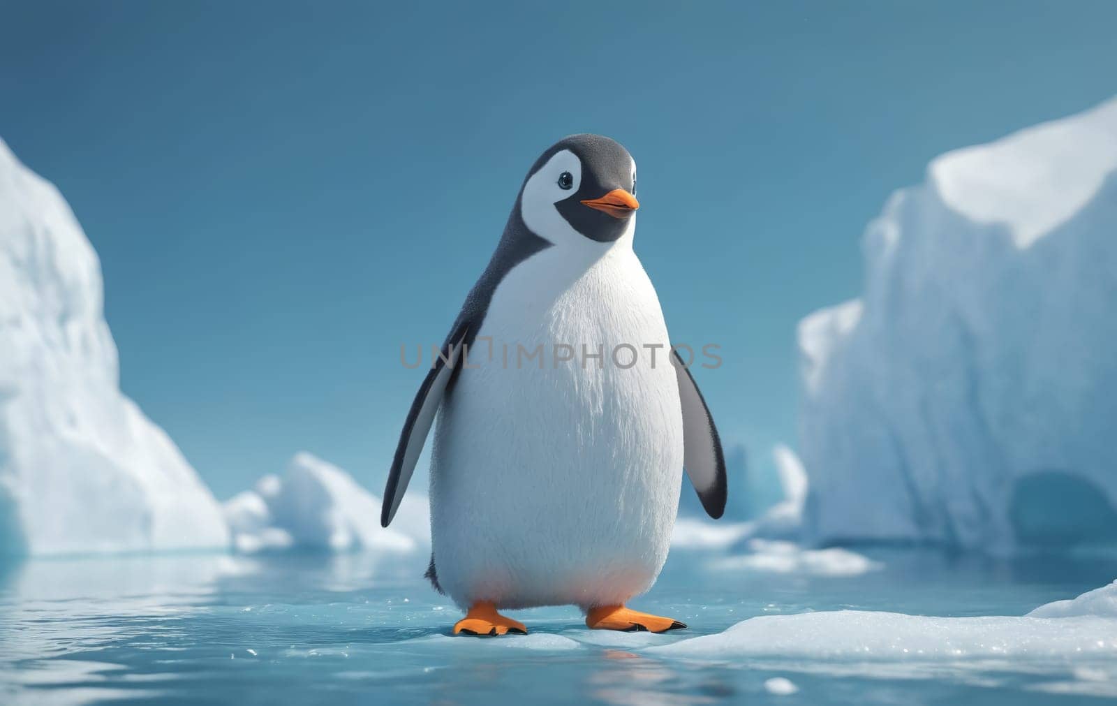 Cute penguin on ice floe, 3d illustration