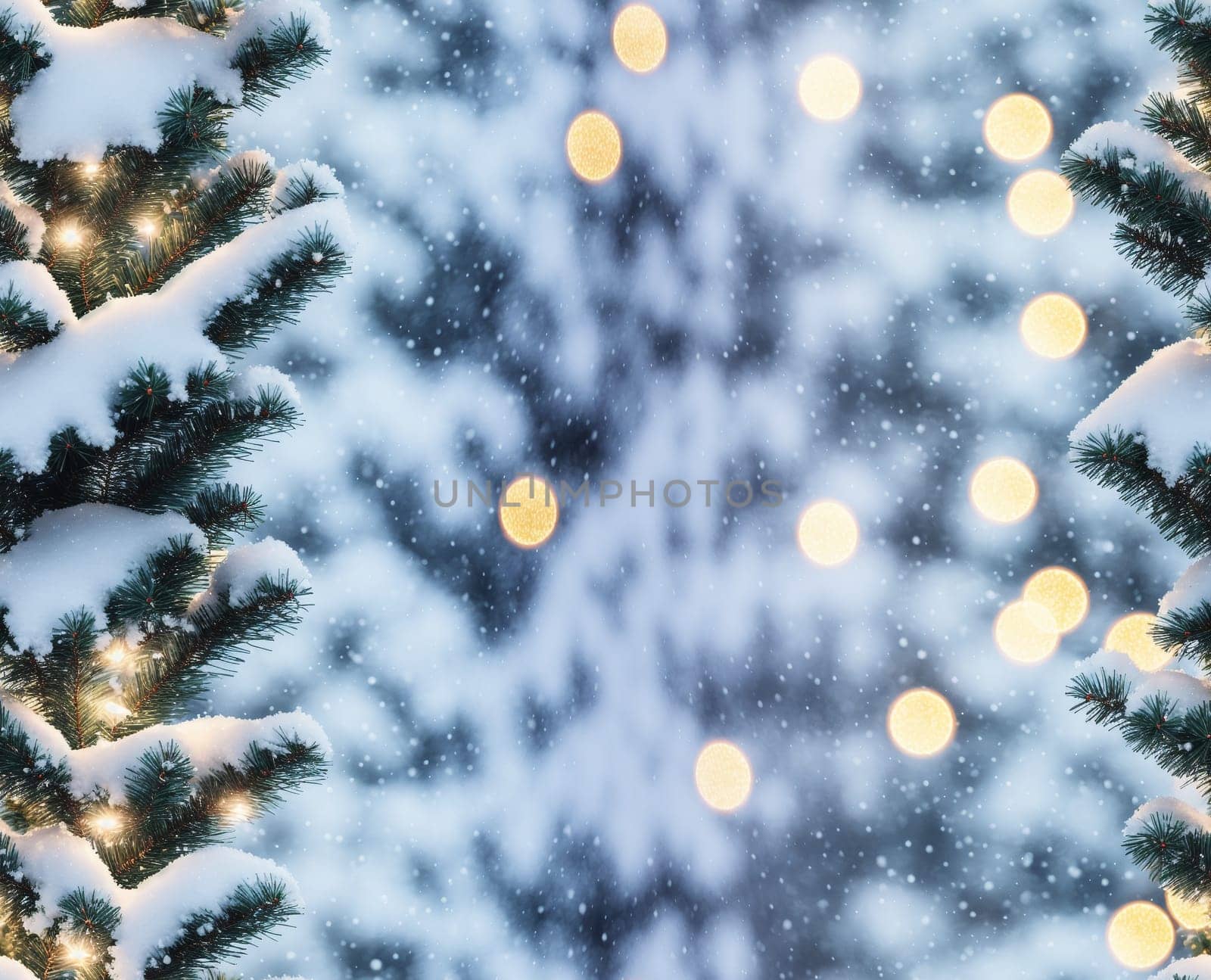 The image is a winter scene with a snow covered tree in the foreground and a bright light shining through the branches. - seamless and tileable
