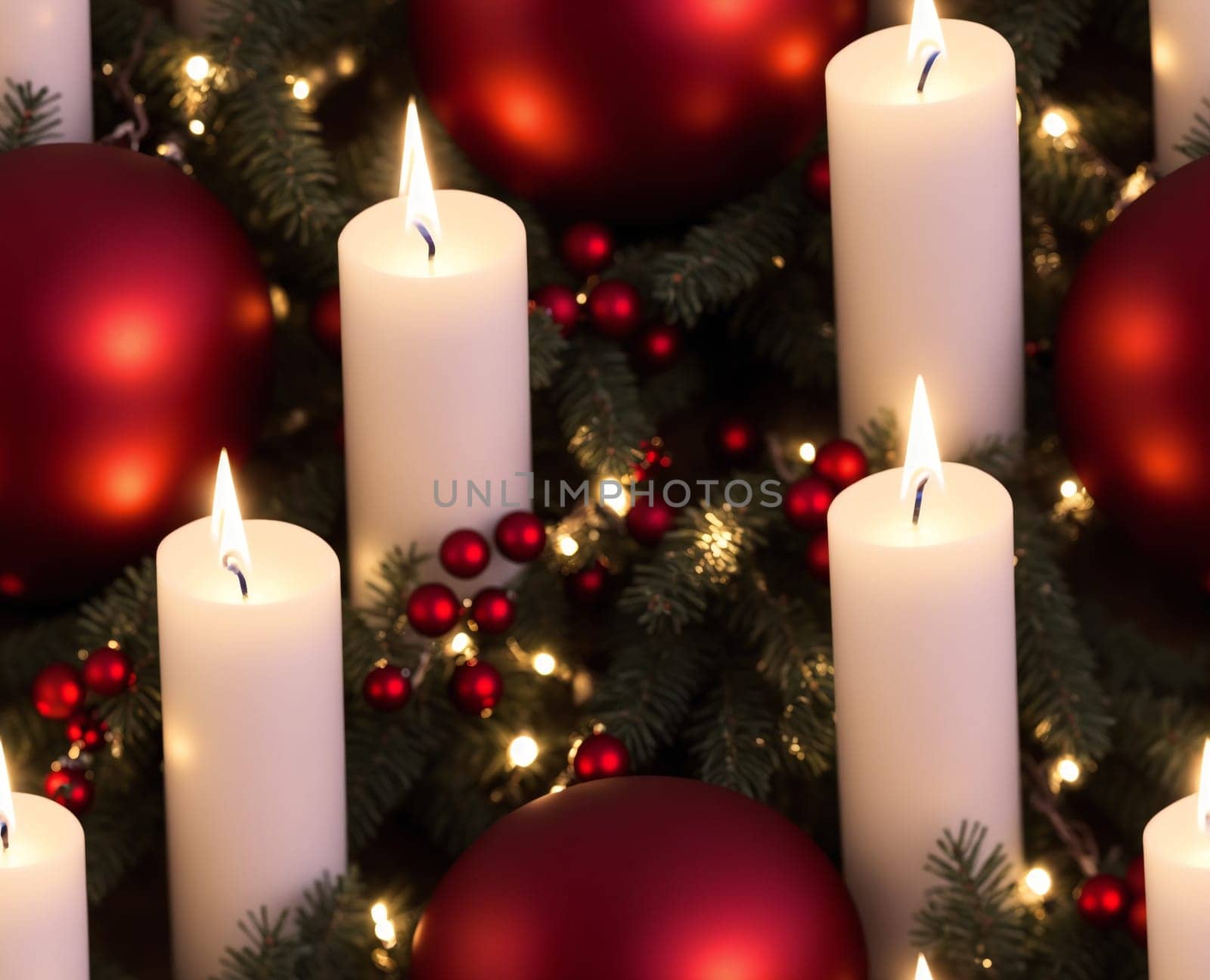 The image is a Christmas scene with a wreath made of red and white candles, surrounded by evergreen branches and pinecones. - seamless and tileable