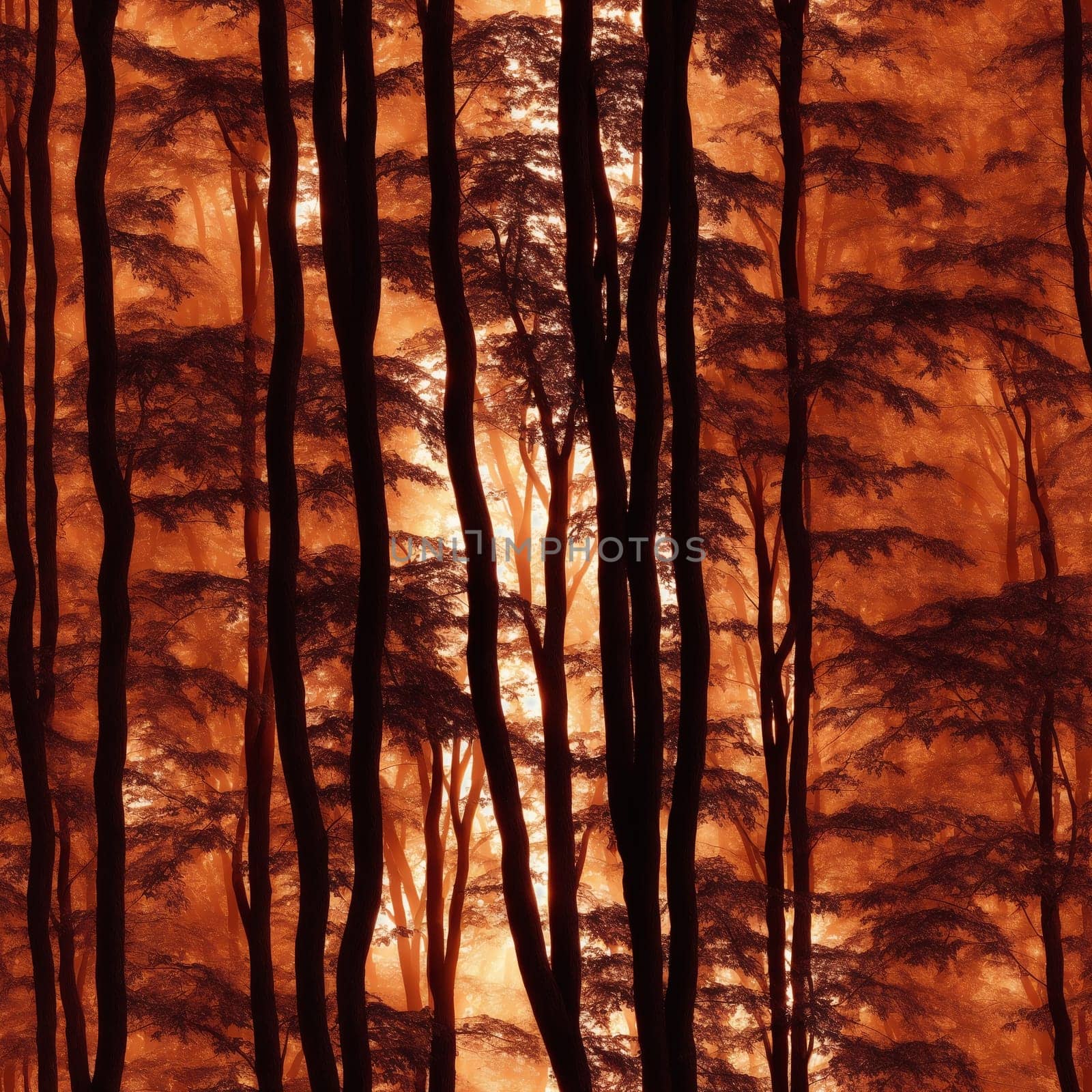 The image is a forest scene with tall trees in the foreground and a sunset in the background. - seamless and tileable