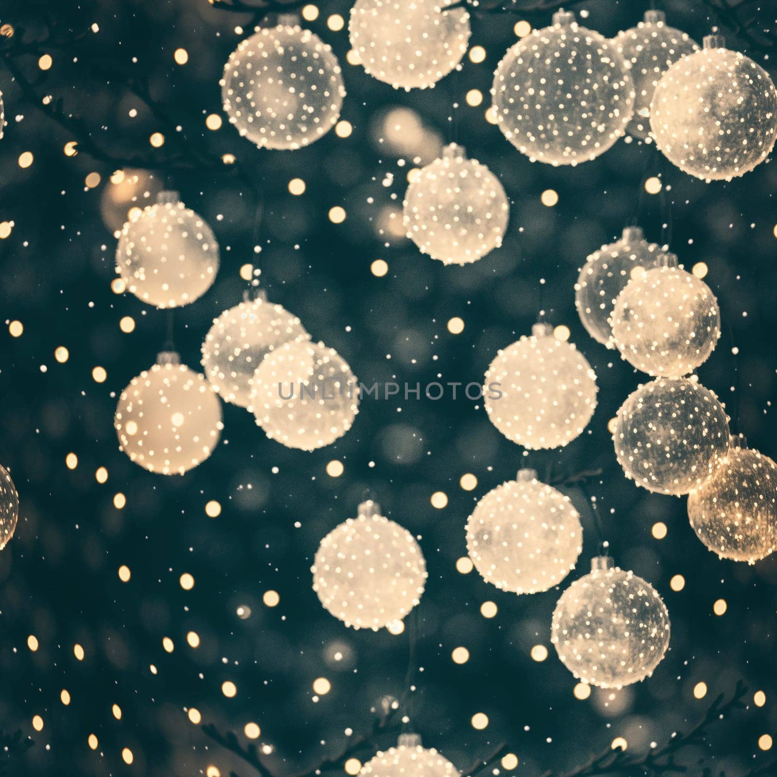 The image is a white and silver ornament hanging from a string, surrounded by other ornaments in different colors. - seamless and tileable