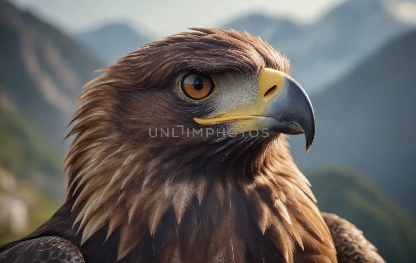 A close up of a majestic golden eagles head, a member of the Accipitridae family and a powerful bird of prey in the Falconiformes order, with a stunning mountain backdrop