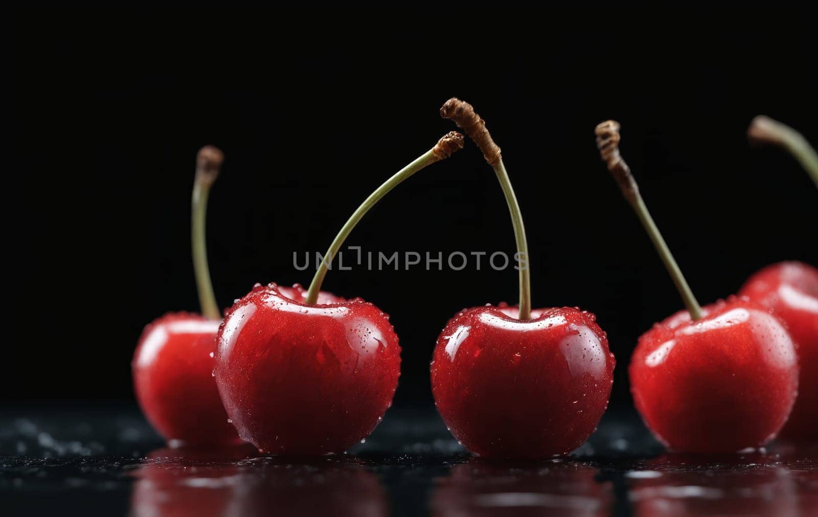 A line of vibrant red cherries resting on a dark countertop, showcasing the beauty of this natural food. Cherries are a superfood and a seedless fruit belonging to the berry family