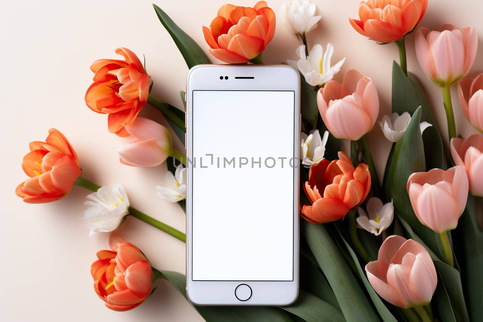 Smartphone mockup with w tulips. Smartphone screen mockup on white background for presentation or app design.