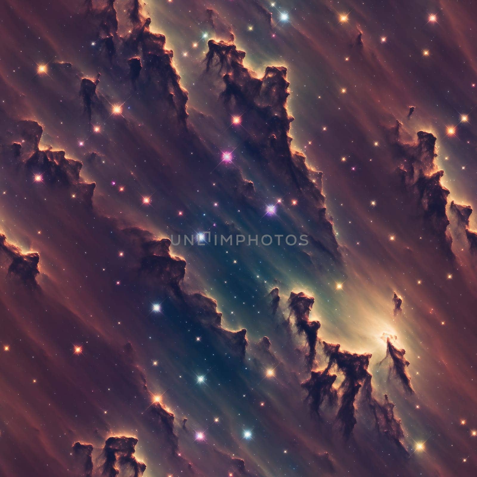 The image is a stylized representation of a nebula, with swirling clouds of gas and stars. - seamless and tileable