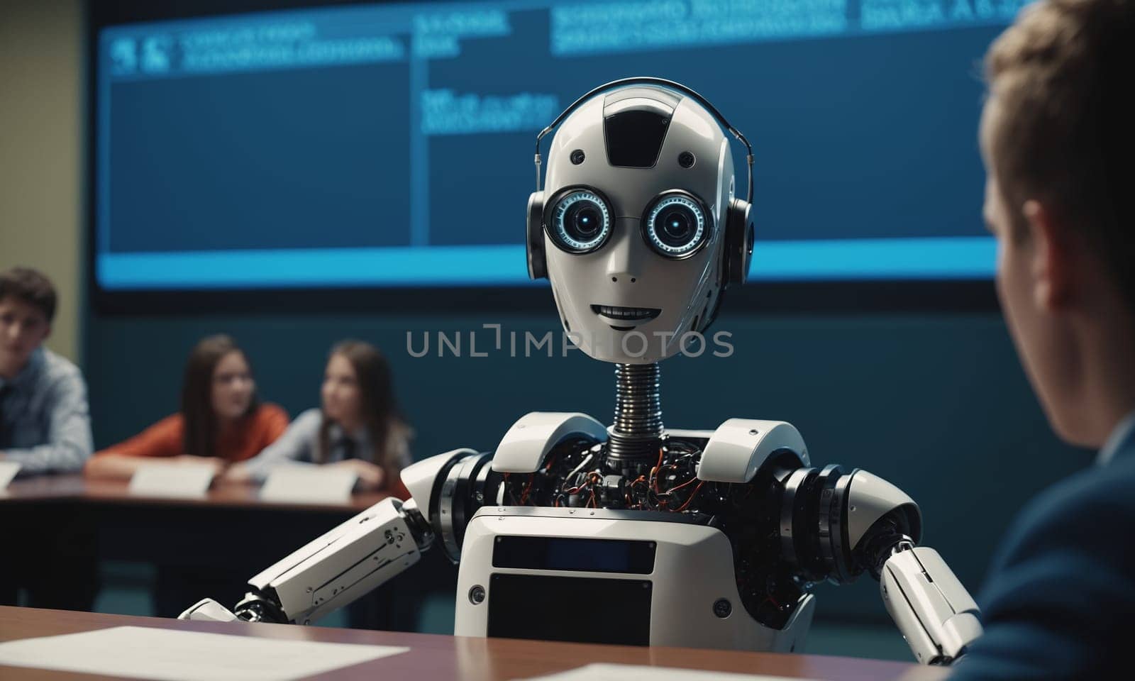 A robot sits at a desk in a classroom with students by Andre1ns