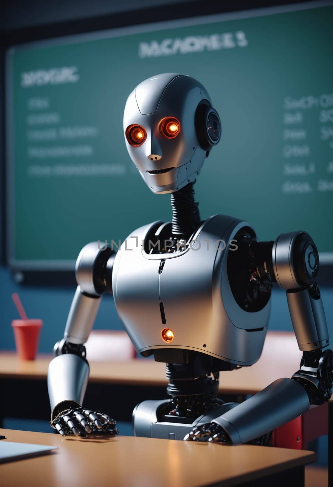 A machine is on a desk in a classroom, as a robot sits next to it by Andre1ns
