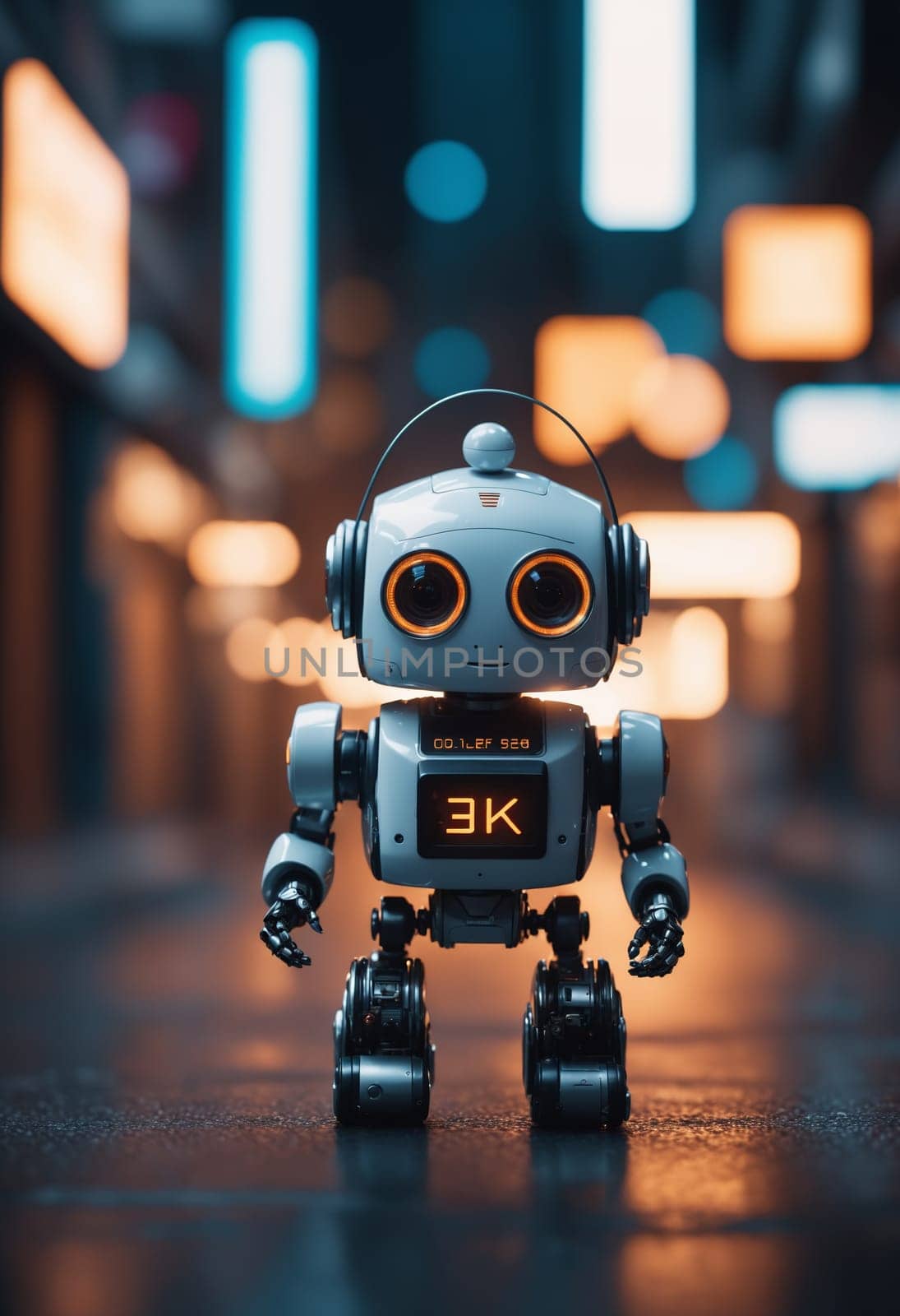 A toy robot wearing personal protective equipment and headphones is strolling down the dark asphalt street. Its electric blue lights shine brightly in the darkness