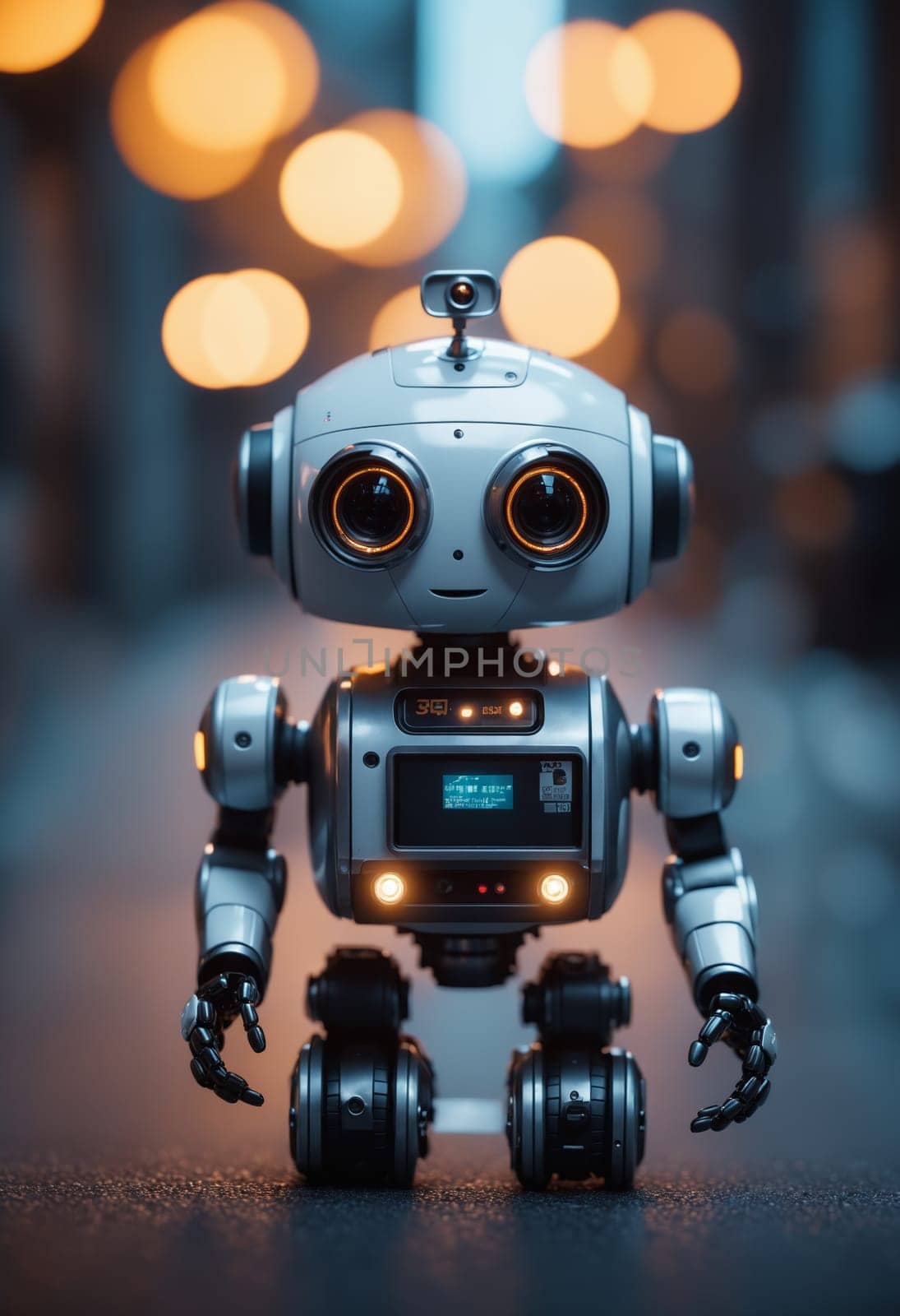 A toy robot with headphones is standing on a dark street. The small machine looks like a fictional character or action figure, with automotive lighting creating a pattern around it