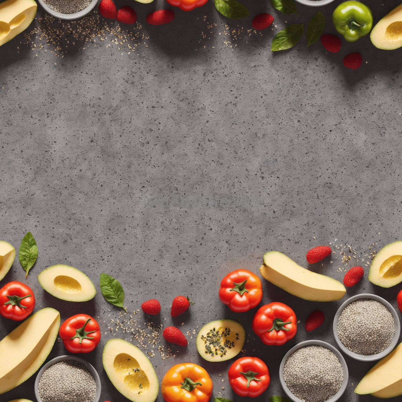 The image is a colorful arrangement of various fruits and vegetables, including tomatoes, bell peppers, carrots, and onions, arranged in a circular pattern on a gray background. - seamless and tileable