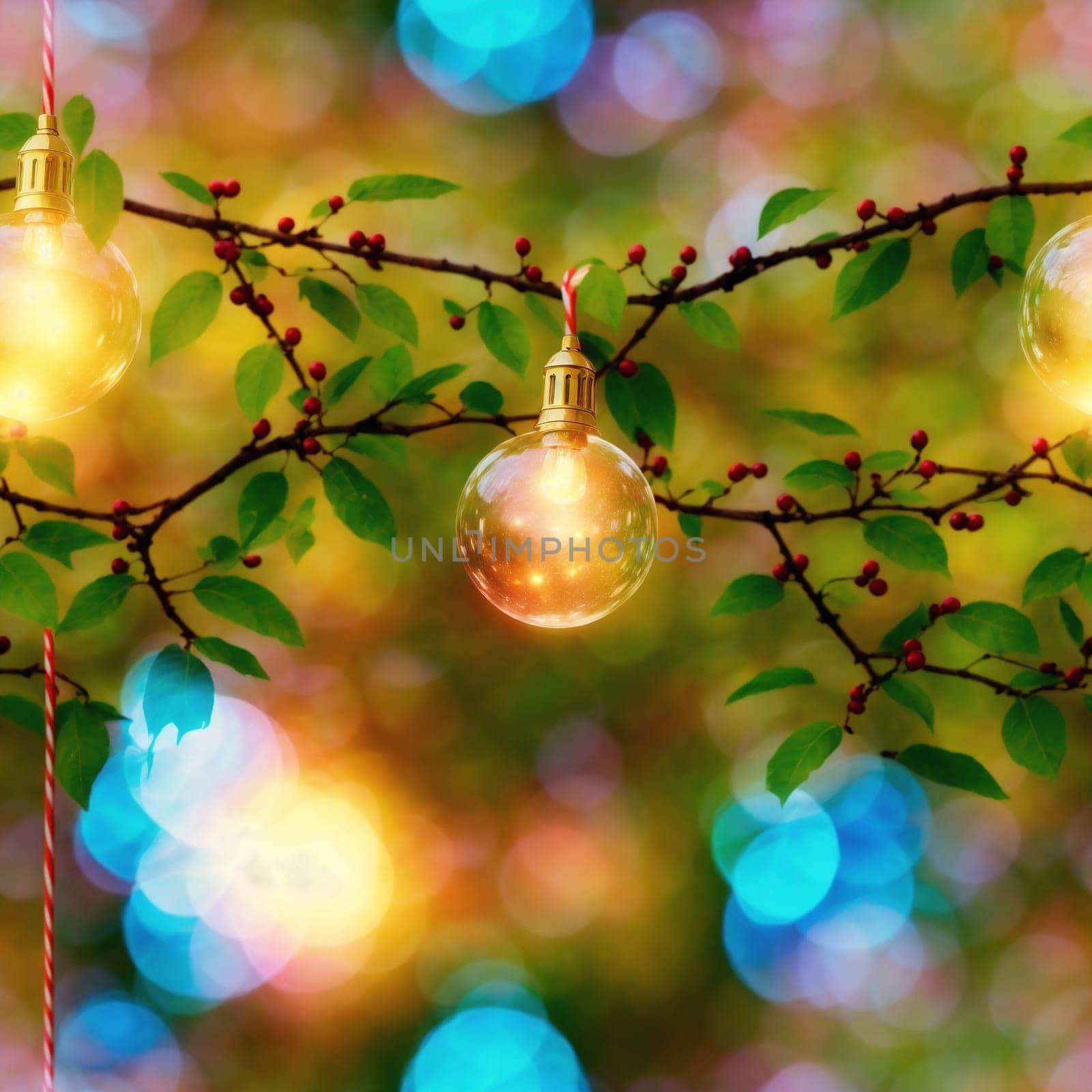 The image shows a string of lights hanging from a tree branch with green leaves in the background. - seamless and tileable