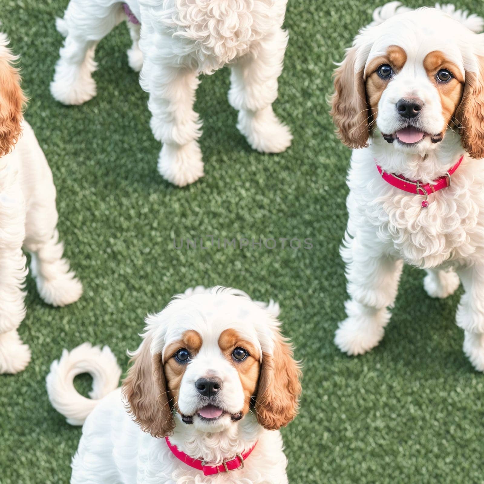 The image shows a group of small white and brown puppies standing on a green grassy background. - seamless and tileable