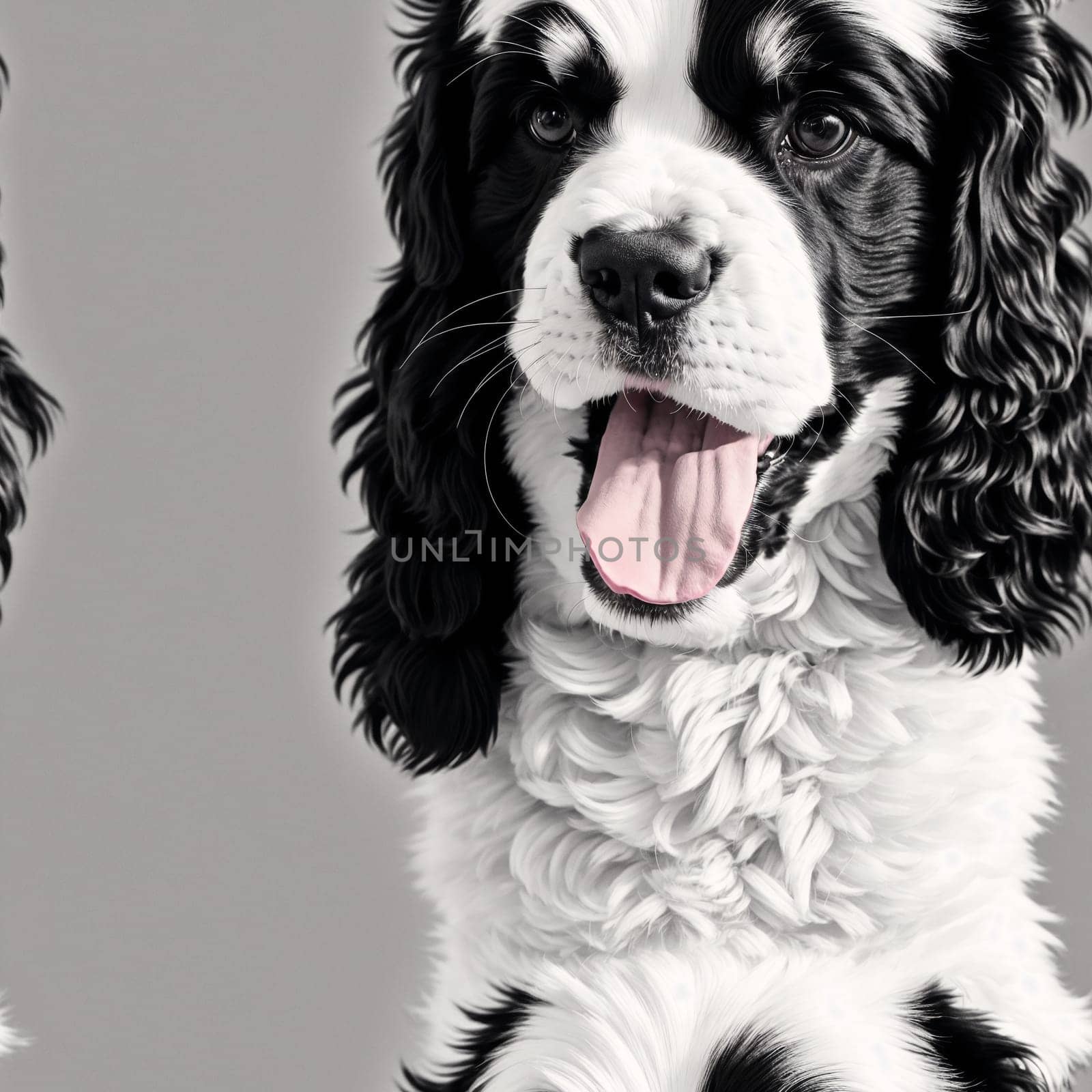 The image is a black and white drawing of a dog with its tongue hanging out of its mouth, looking up at the camera. - seamless and tileable