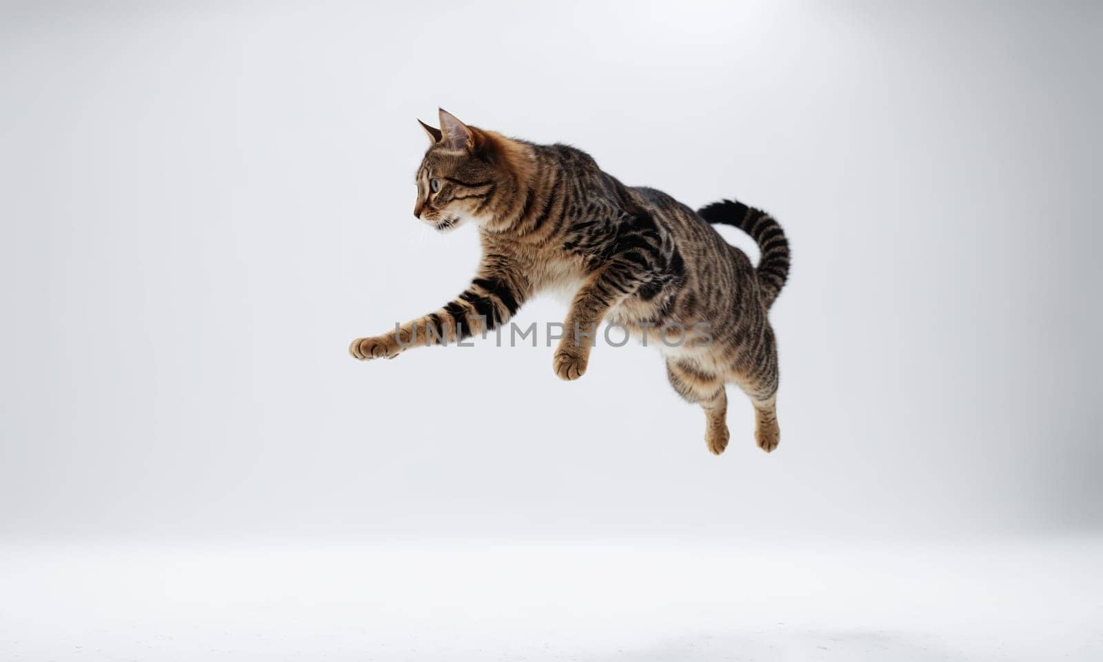 A Felidae carnivore, the Cat is a small to mediumsized terrestrial animal with a fur coat, whiskers, and a tail, jumping in the air on a white background, displaying exceptional balance