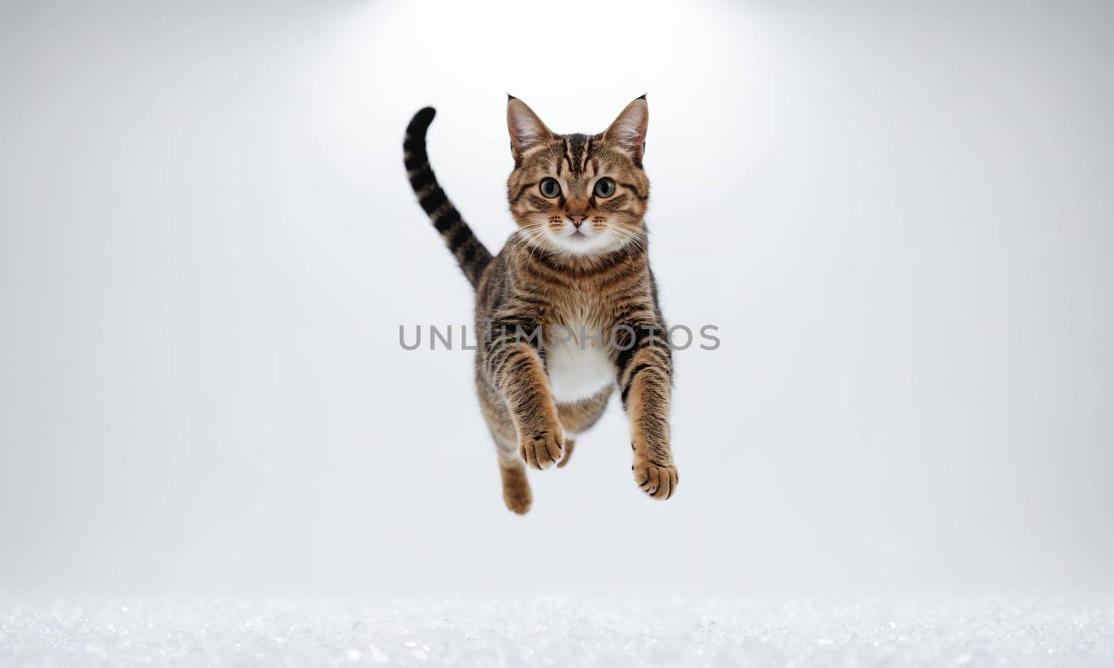 A Felidae carnivore, the cat with whiskers and fur is jumping in the air on a white background. A small to mediumsized terrestrial animal, with a tail, part of the wildlife