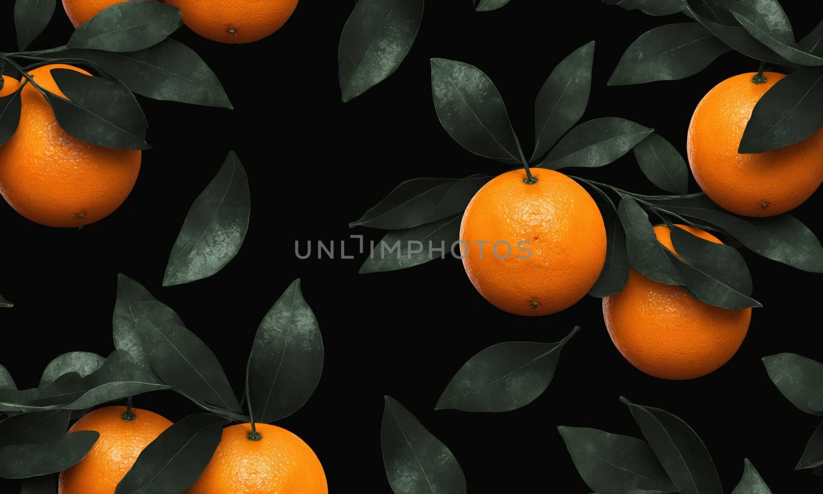 A seamless pattern featuring oranges with green leaves on a black background. This design showcases various citrus fruits like Rangpur, Valencia orange, and Tangelo