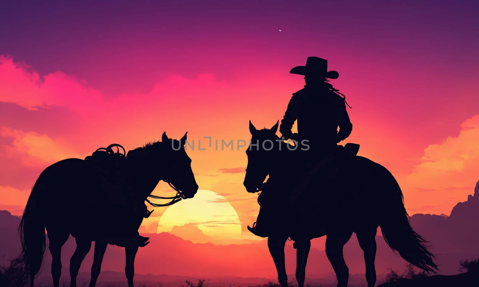 Two cowboys on horses ride in the desert at dusk, under a colorful sky by Andre1ns