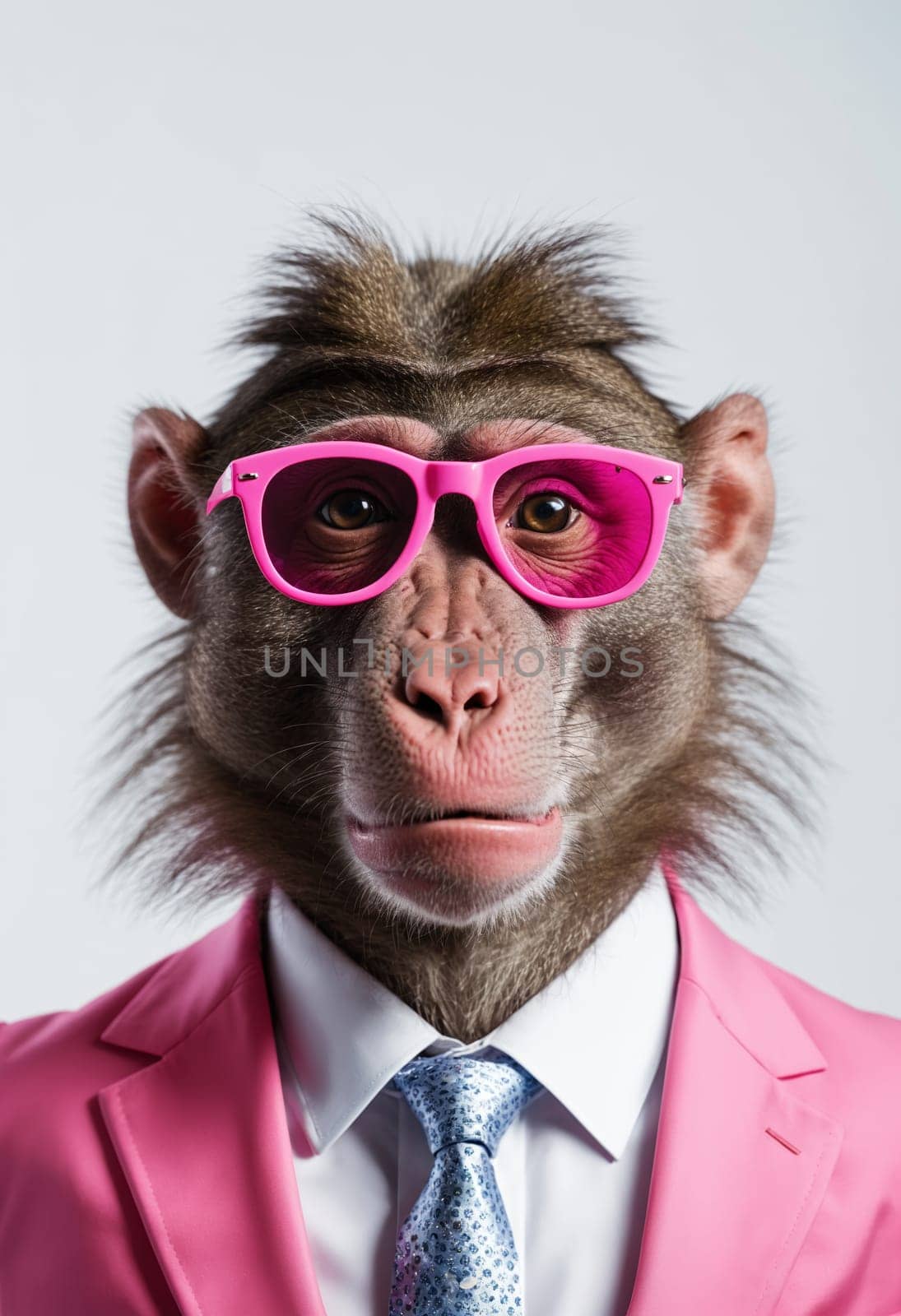 A fun fictional character, a monkey, is dressed in formal wear with a pink dress shirt, tie, and sunglasses. The eyewear is in a matching magenta shade