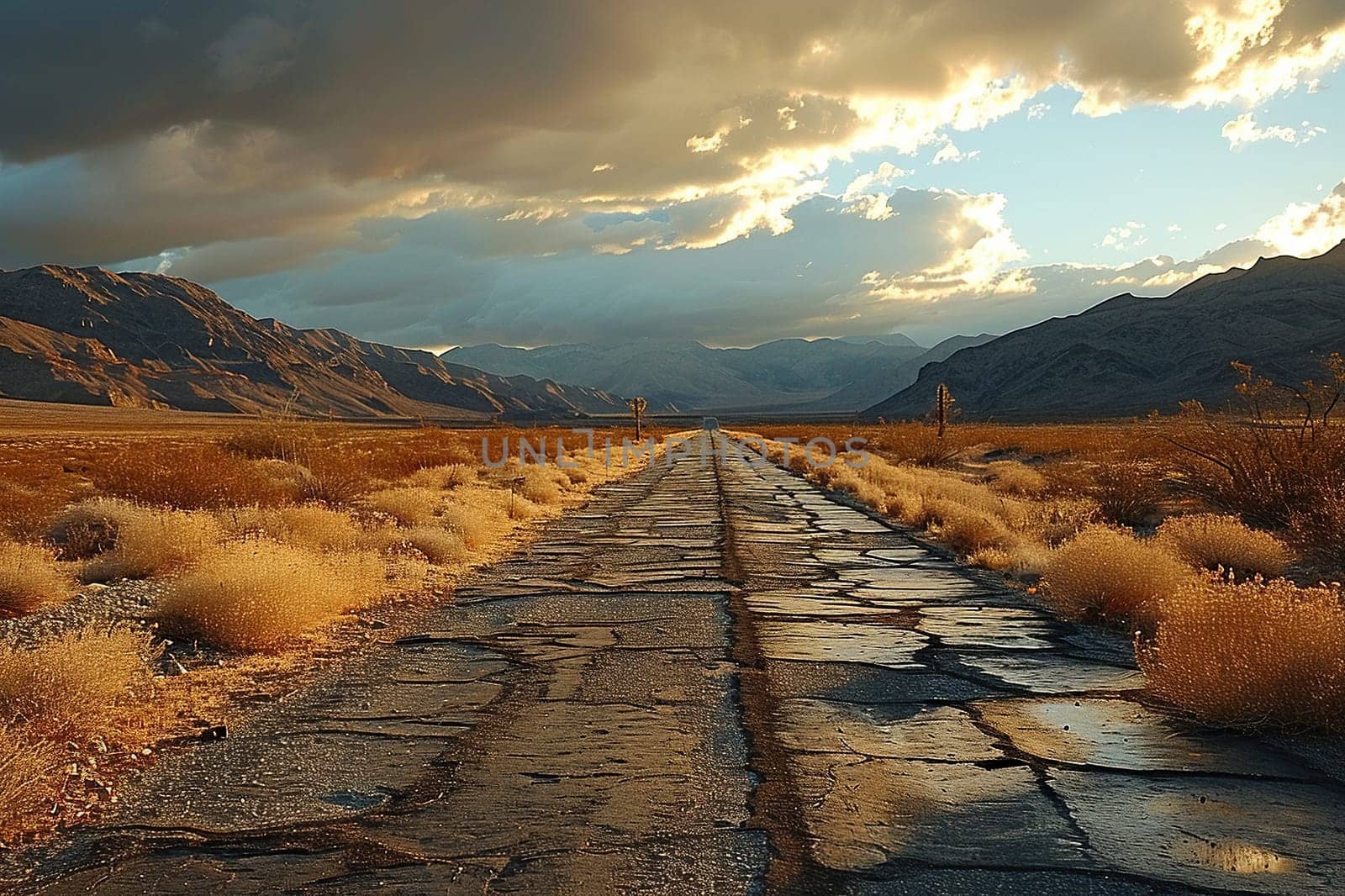 An old asphalt road in the middle of the desert in the light of the sun.