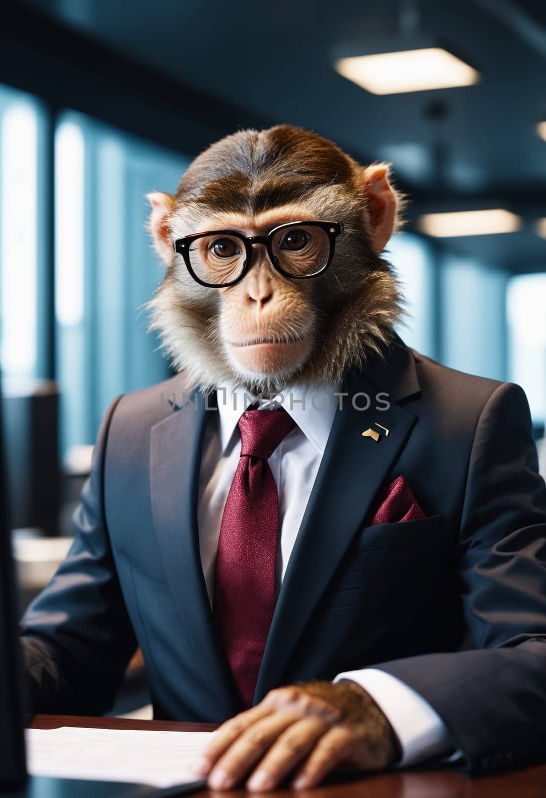 A happy monkey in formal whitecollar worker attire, wearing a suit and tie, is seated at a desk. It appears to be at an official event, gesturing while sporting eyewear for vision care