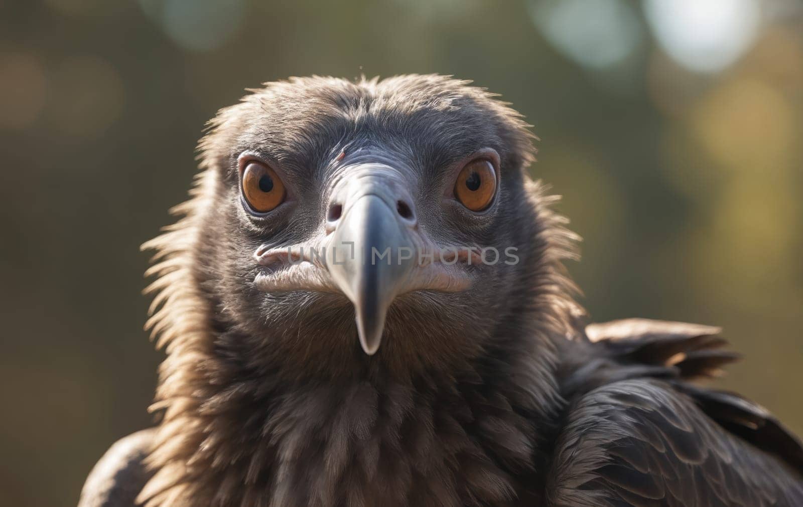 A closeup of a vulture, a bird of prey in the Accipitridae family, with its sharp beak and piercing eyes, staring directly at the camera
