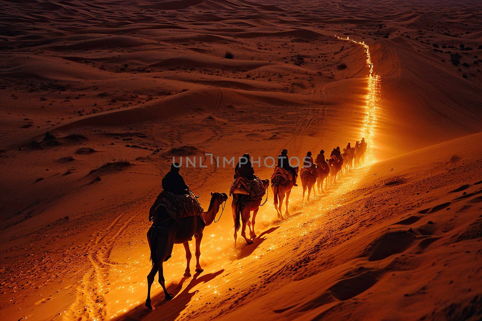 Top view of a camel caravan in the desert at night.