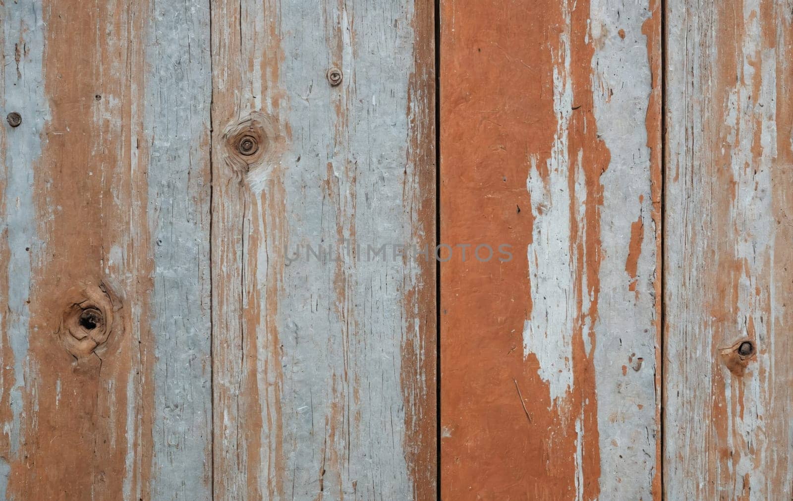 Detailed closeup of a brown hardwood plank fence with peeling wood stain and varnish, showcasing the natural materials pattern and texture