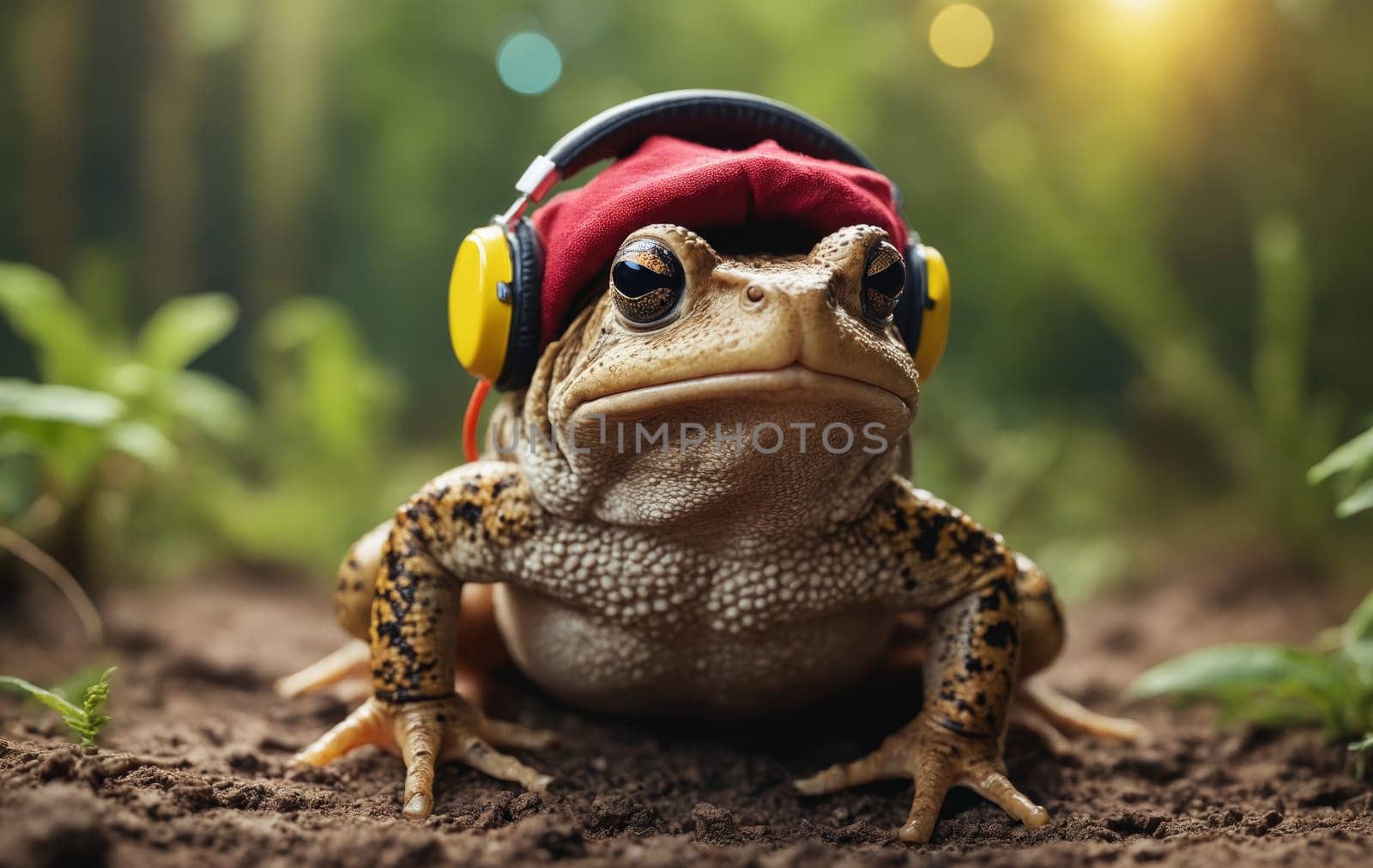 A terrestrial animal, amphibian frog, wearing headphones and a hat, is sitting on the ground surrounded by grass. The macro photography captures its unique adaptation in its natural habitat
