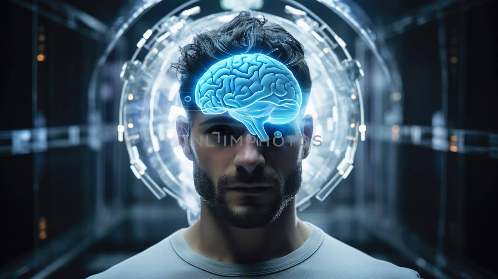 young man among neon circles and blue outline of the brain on his head, concept of X ray or magnetic resonance imaging of the brain with contrast agents, techlogies in future medicine,Generated AI