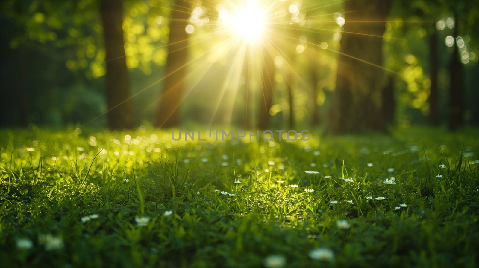 A serene dawn breaks as warm sunlight filters through the vibrant green leaves of a lush garden, heralding a new day - springtime background - Generative AI