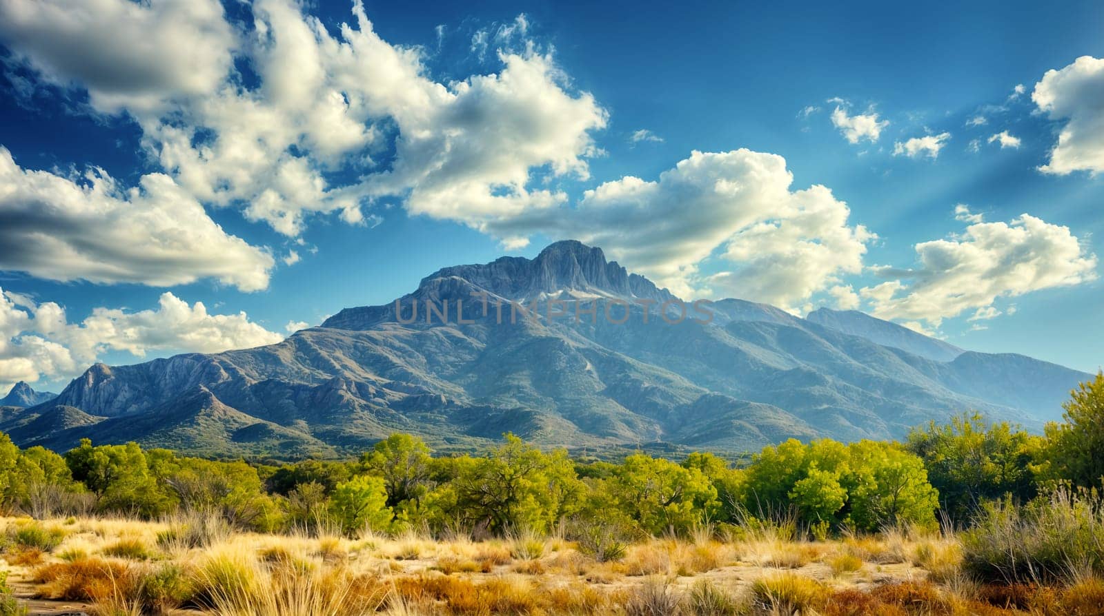 Majestic Mountain Peak Under Blue Skies With Fluffy Clouds on a Sunny Day by chrisroll