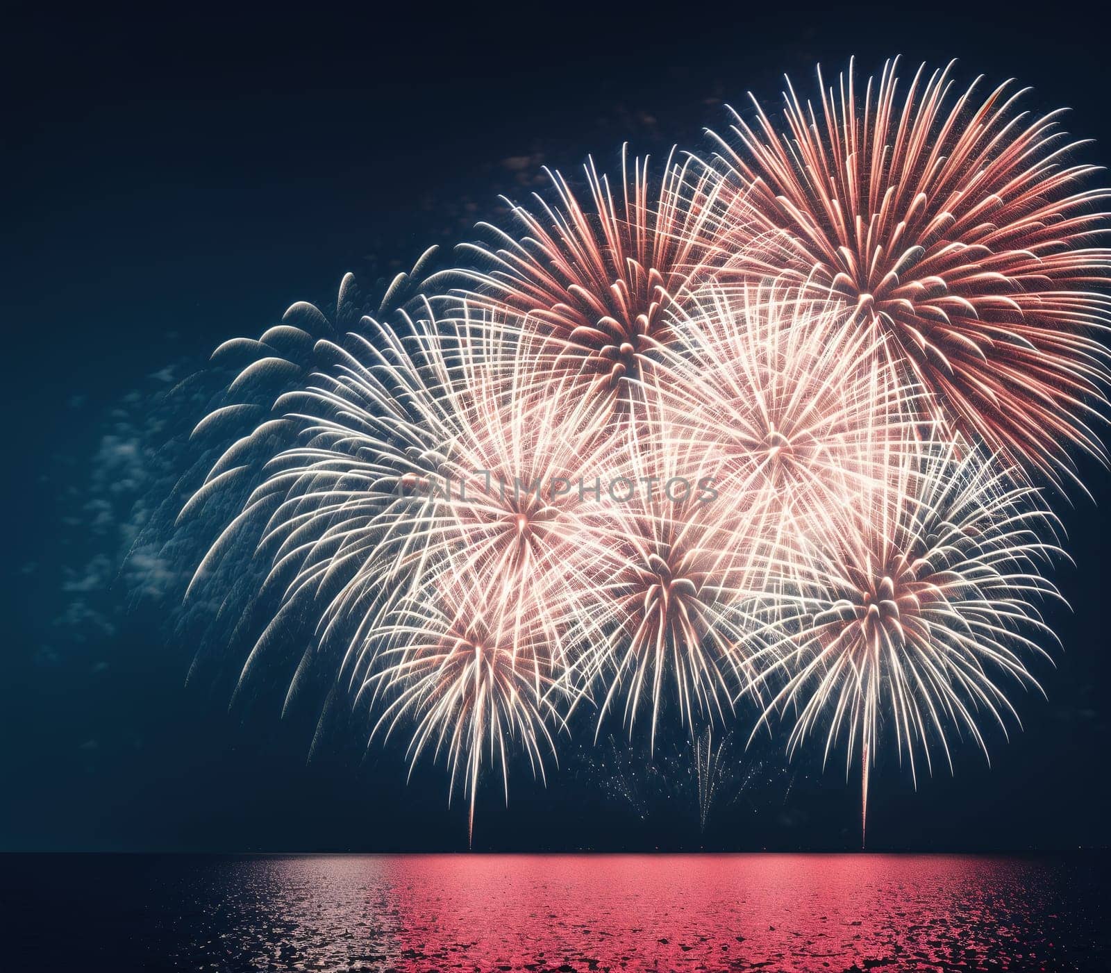 The image is a pink and orange fireworks display over a body of water.