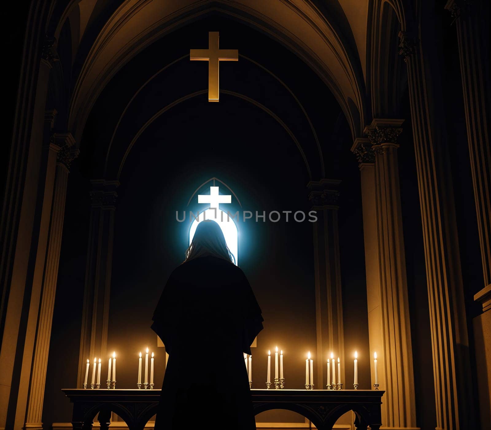 The image depicts a person standing in a dimly lit church, looking up at a cross on the wall.