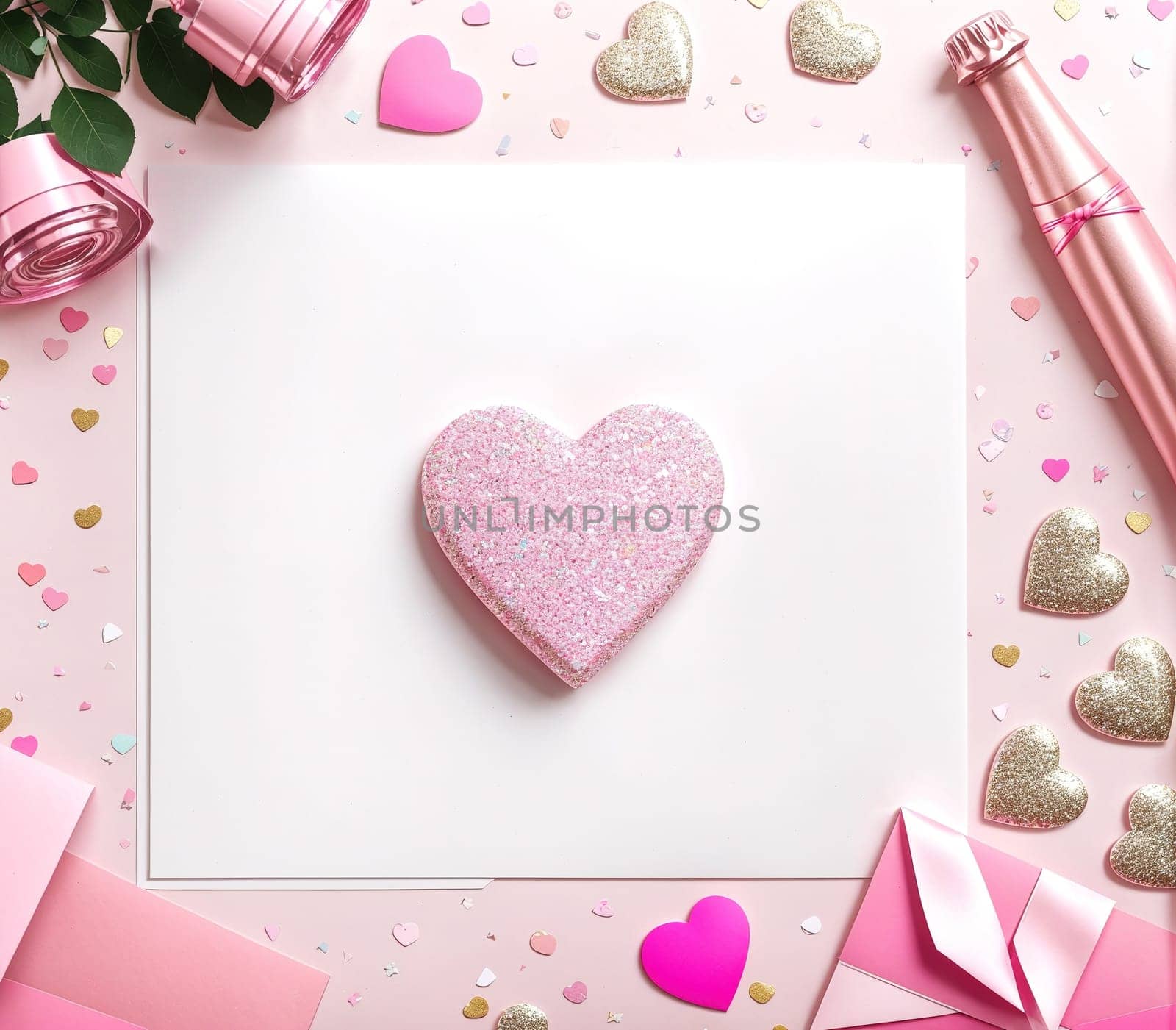 The image is a pink heart with a ribbon tied around it, surrounded by pink and white balloons and confetti.