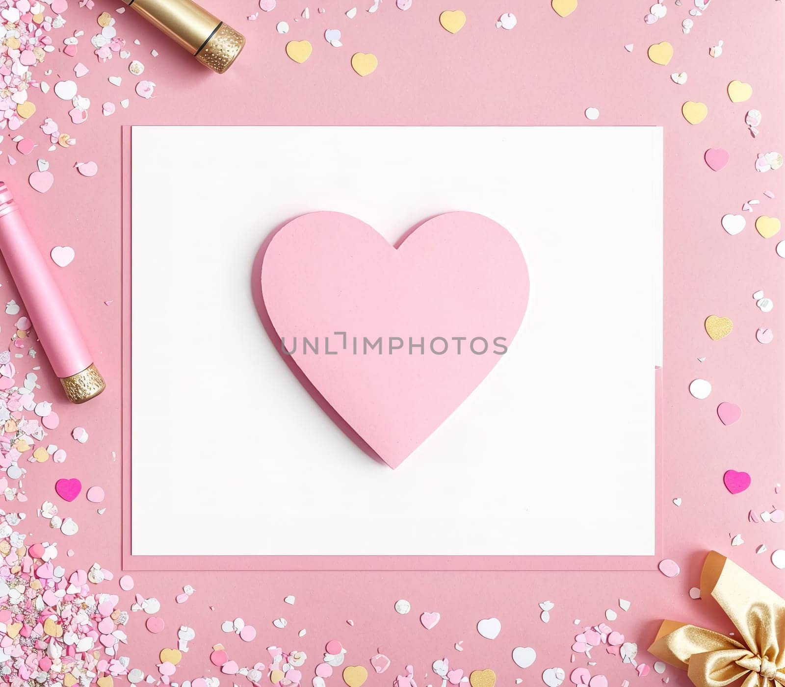 The image is a pink heart-shaped sticker on a pink background with confetti and balloons surrounding it.