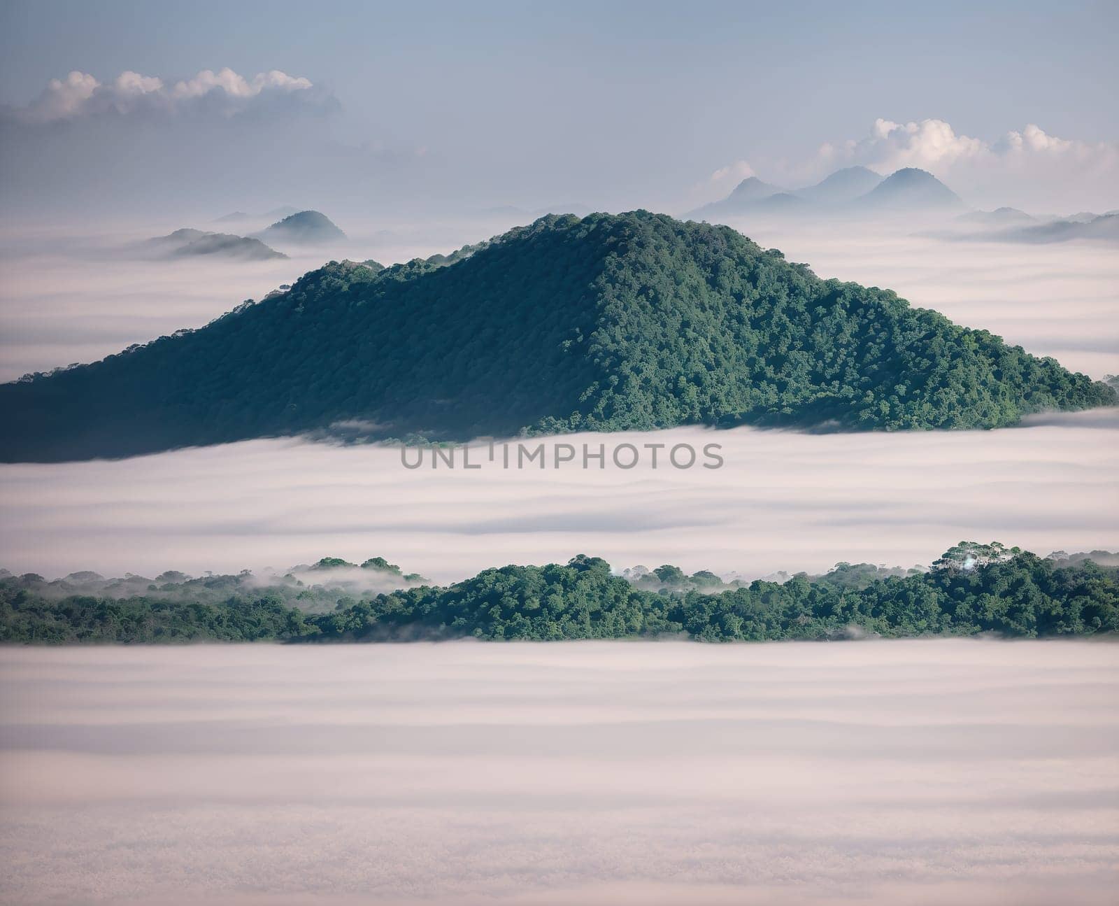 The image is a foggy landscape with mountains in the background and trees in the foreground.