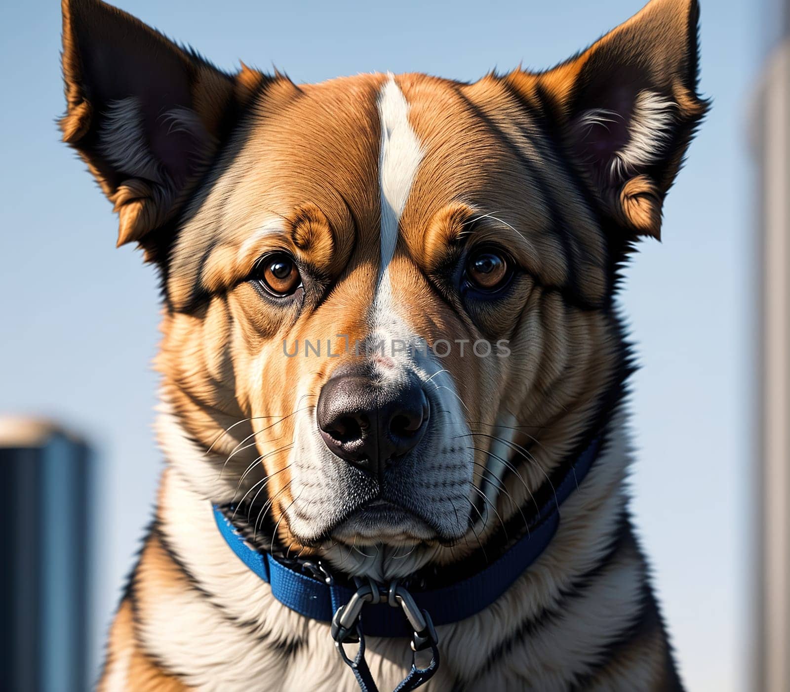 The image shows a brown and white dog with a blue collar standing in front of a city skyline.