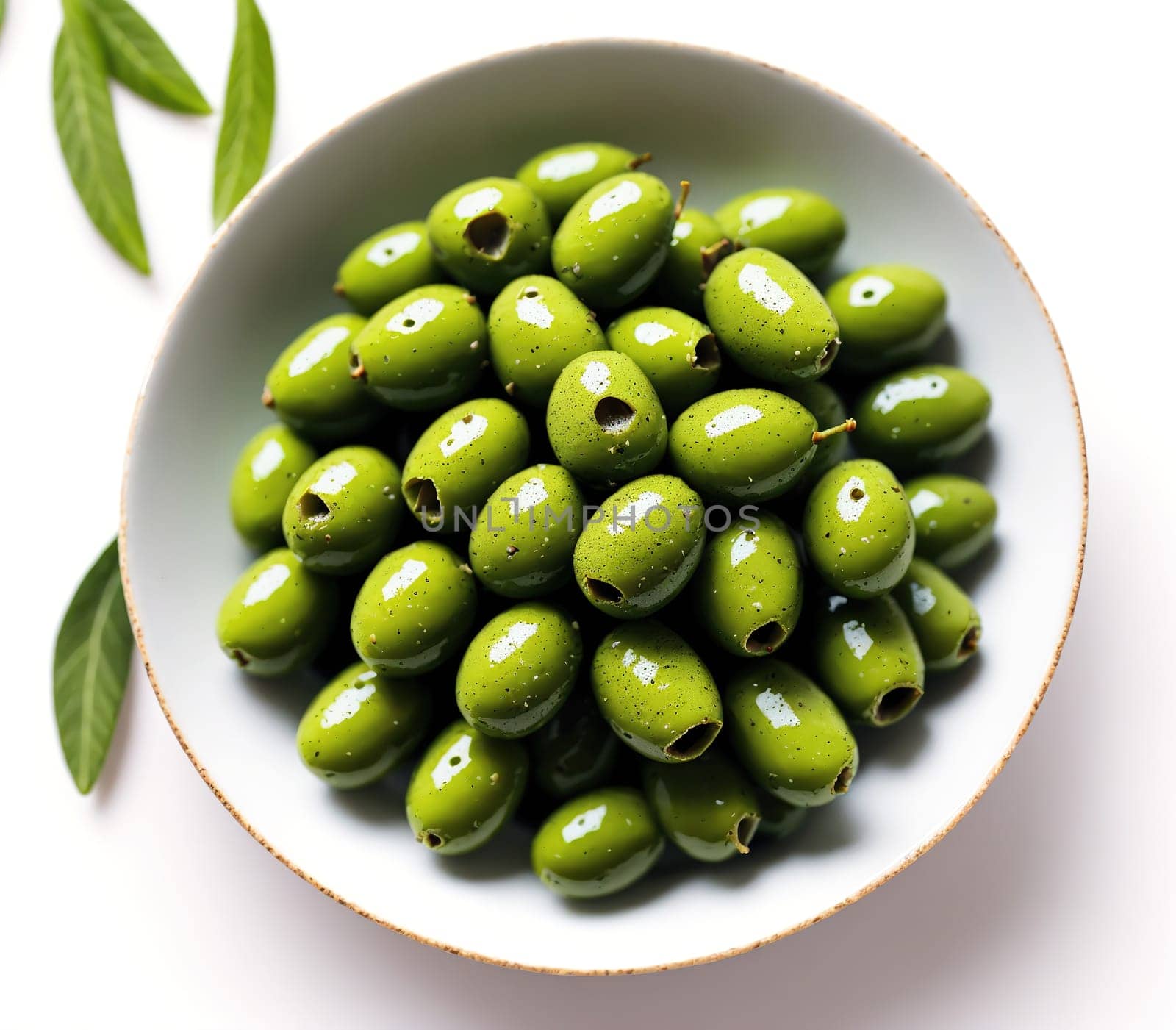 The image shows a bowl of green olives on a white plate, surrounded by leaves.