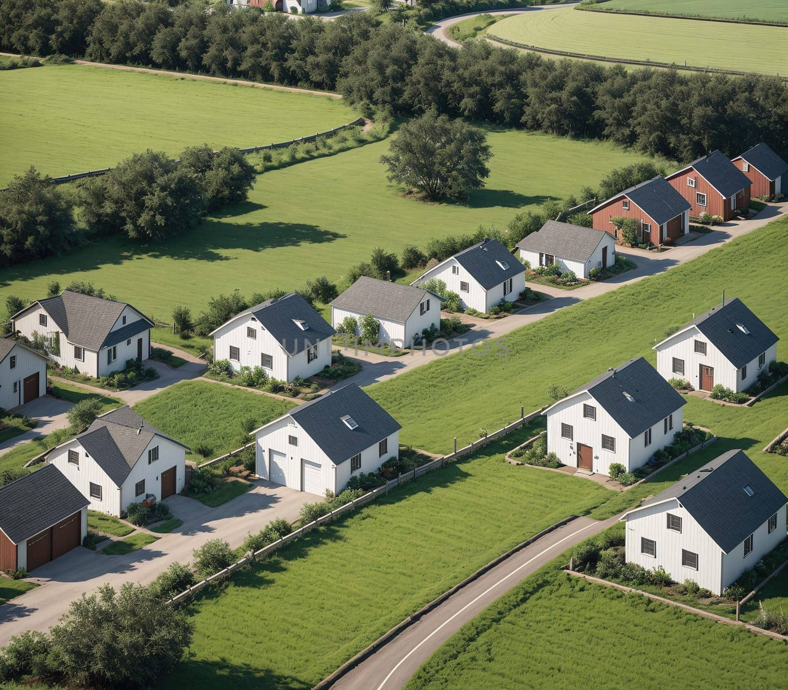 The image shows a group of houses in a suburban area with green fields and trees in the background.