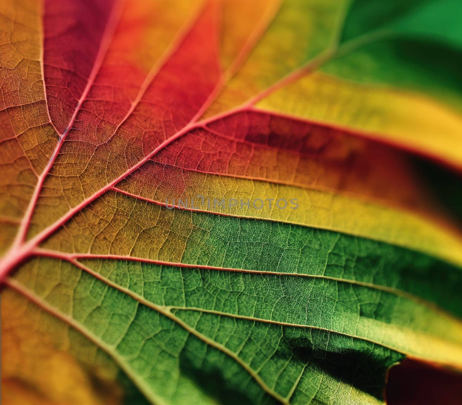 The image is a close-up of a leaf with vibrant colors and textures.
