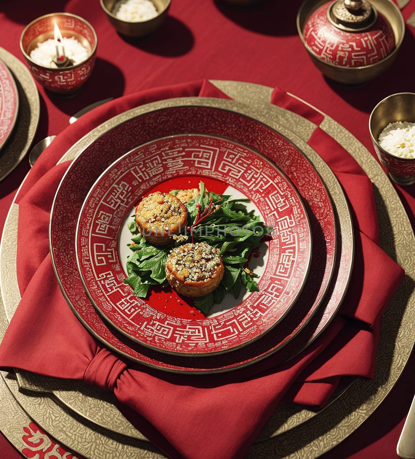 The image is a red and gold themed table setting with plates, cups, and napkins.