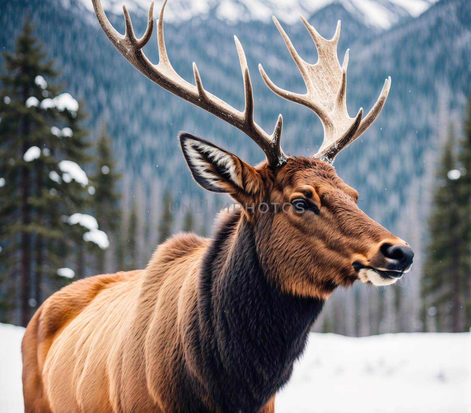 The image shows a majestic elk standing in the snow with its antlers raised, looking directly at the camera.