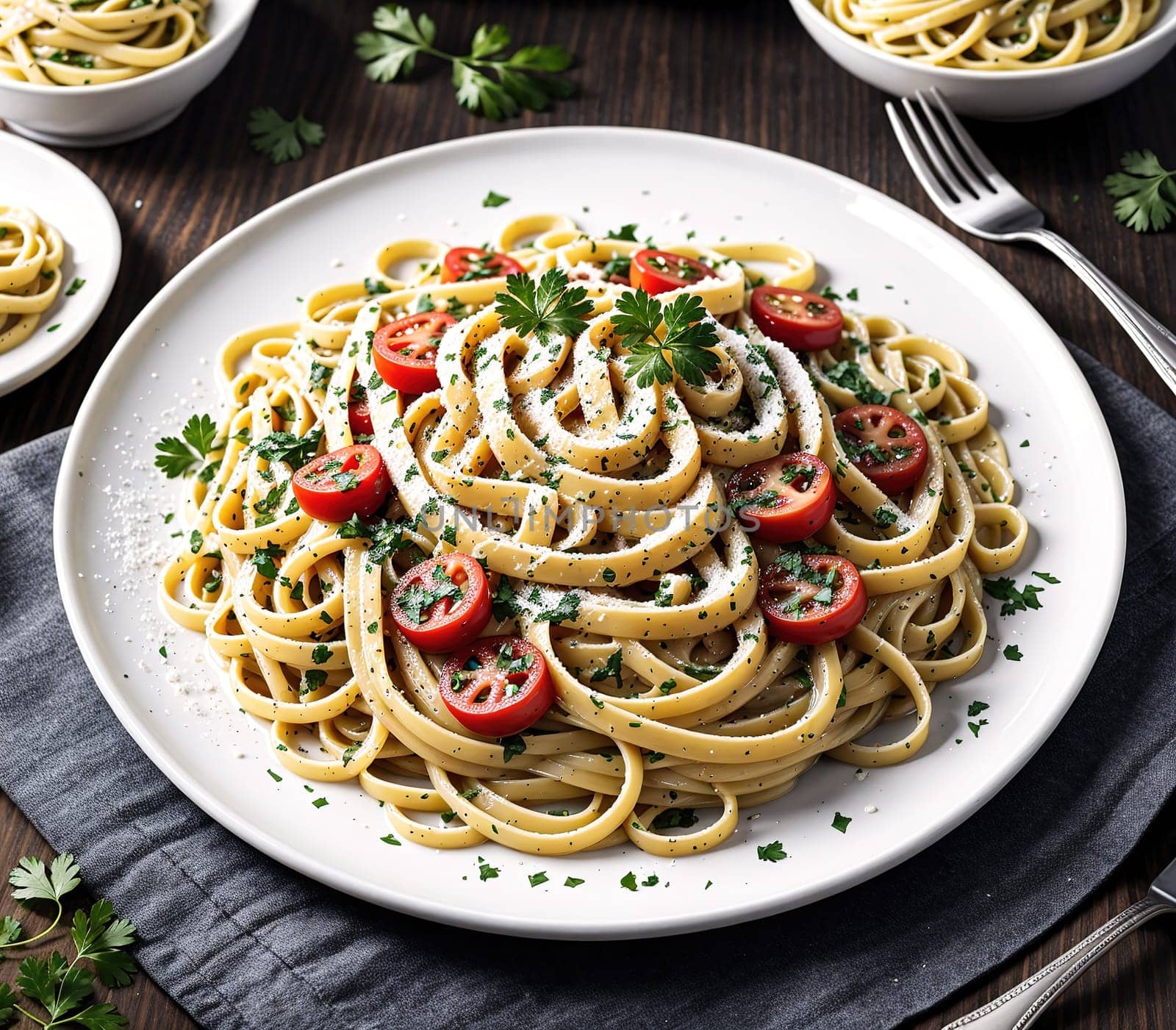 The image shows a plate of spaghetti with tomato sauce, basil, and parmesan cheese.