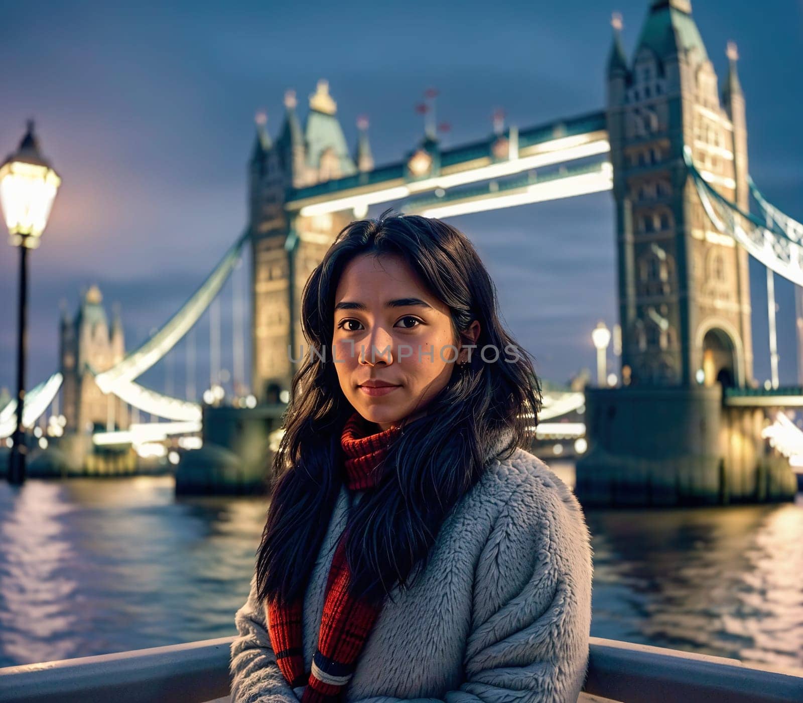 The image shows a woman standing on a bridge over the Thames River at night, looking out at the Tower Bridge in the distance.