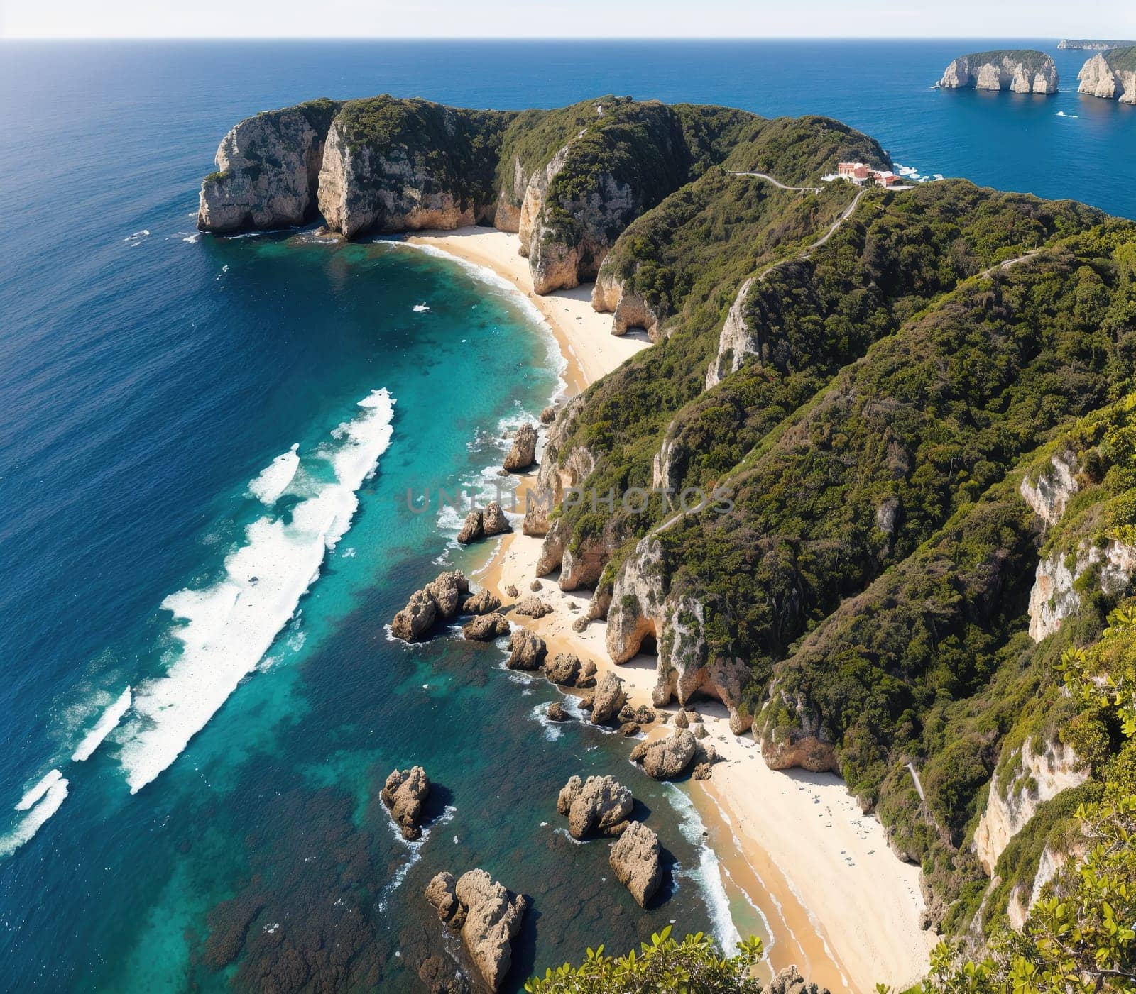 The image shows a scenic view of a rocky coastline with a small island in the distance, surrounded by clear blue water and green vegetation.