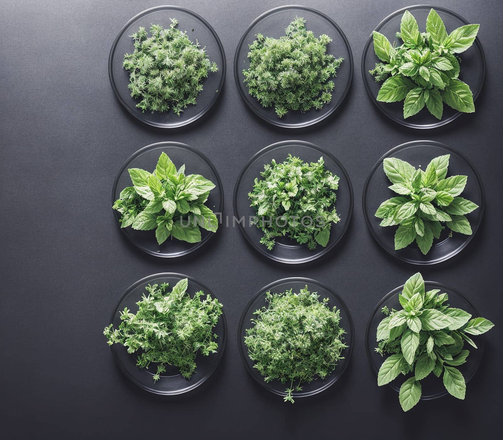 The image shows a group of green plants growing in small pots on a grey background.