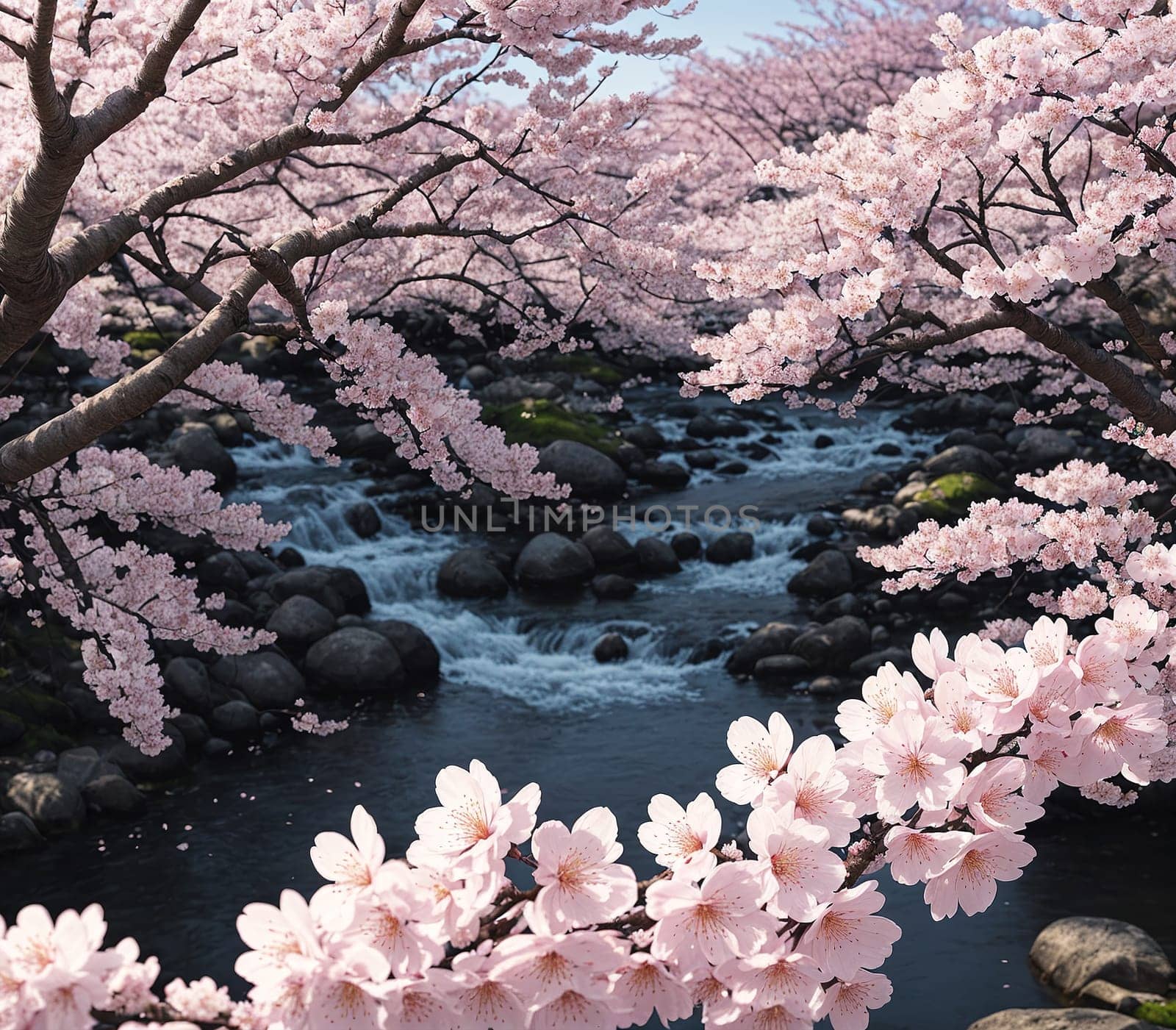 The image depicts a serene and peaceful scene of cherry blossom trees blooming along a riverbank, creating a beautiful and tranquil atmosphere.