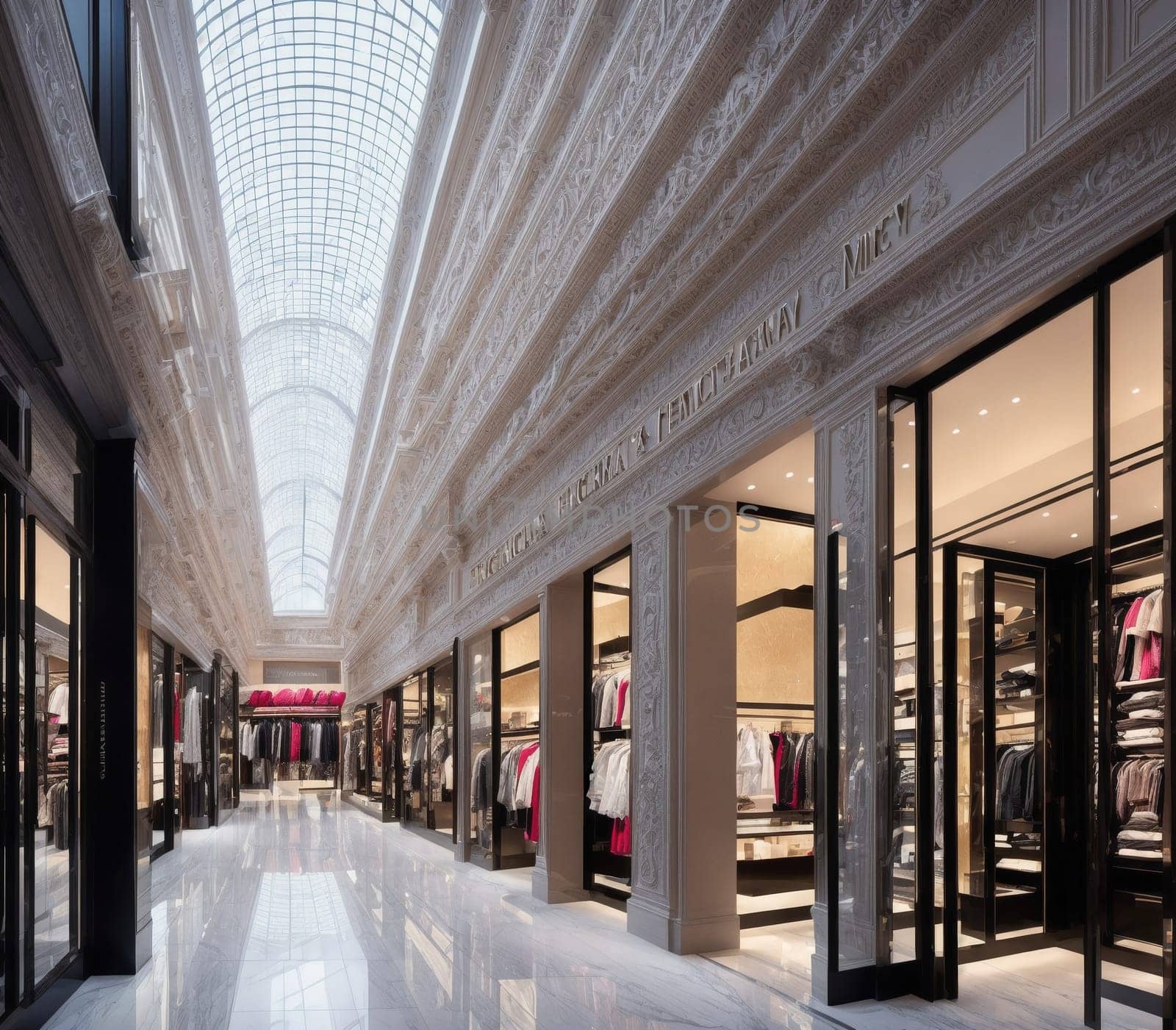 The image shows a large, empty shopping mall with high ceilings, marble floors, and white walls.